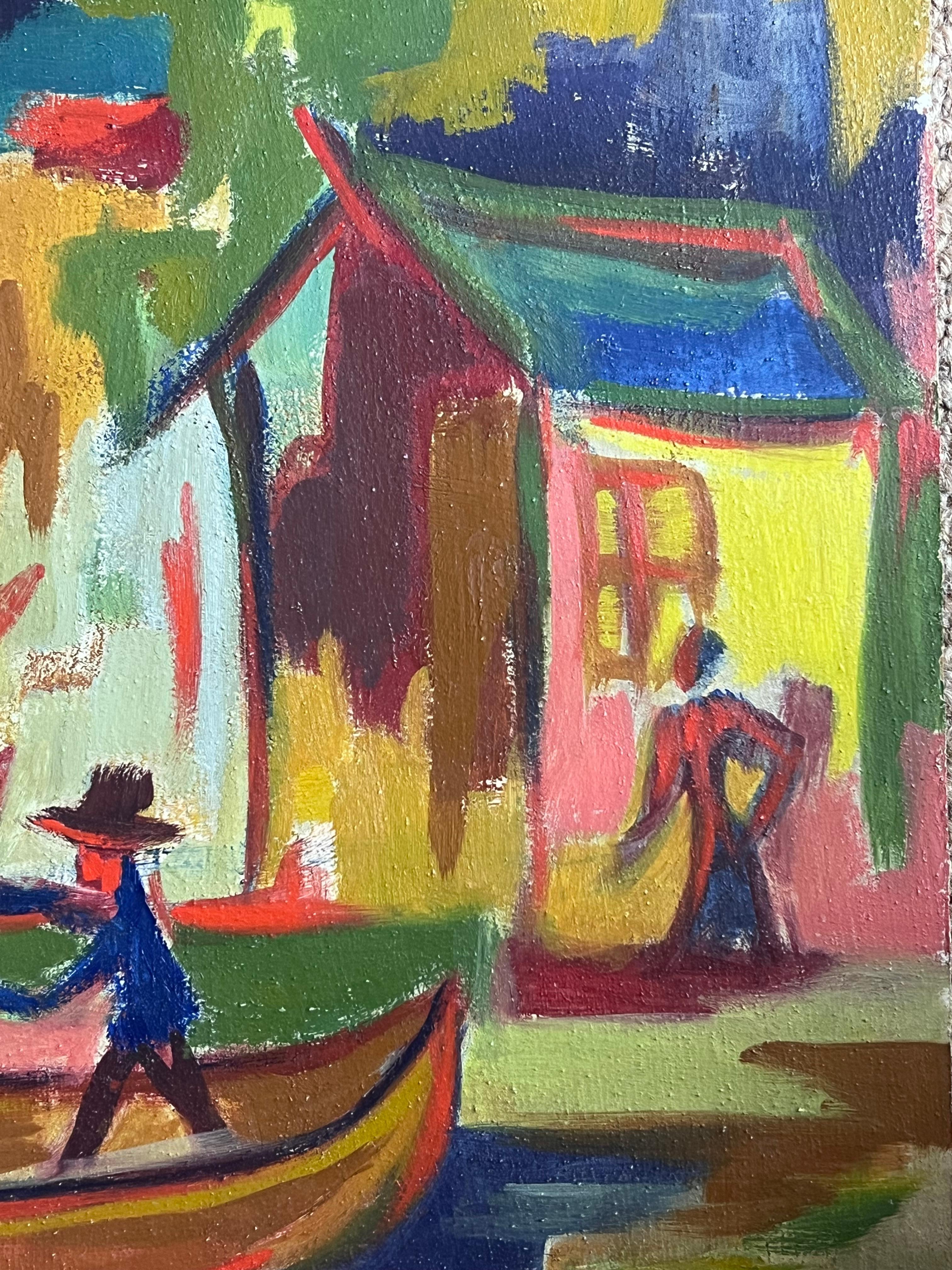 Französisches modernistisches Ölgemälde des 20. Jahrhunderts „Man in Punt Boat“ von Houses (Moderne), Painting, von Raymond Guidot