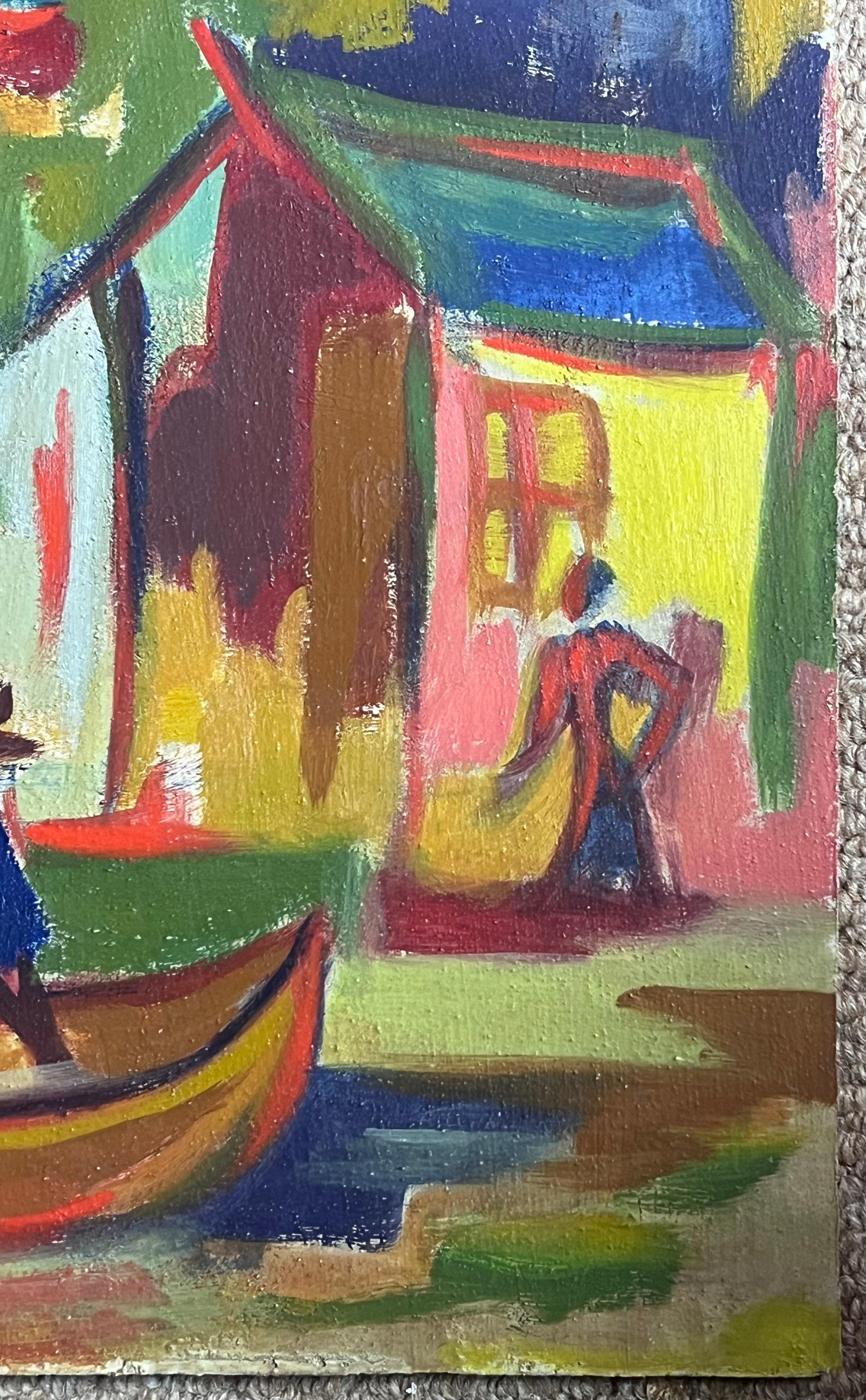 Französisches modernistisches Ölgemälde des 20. Jahrhunderts „Man in Punt Boat“ von Houses (Braun), Figurative Painting, von Raymond Guidot