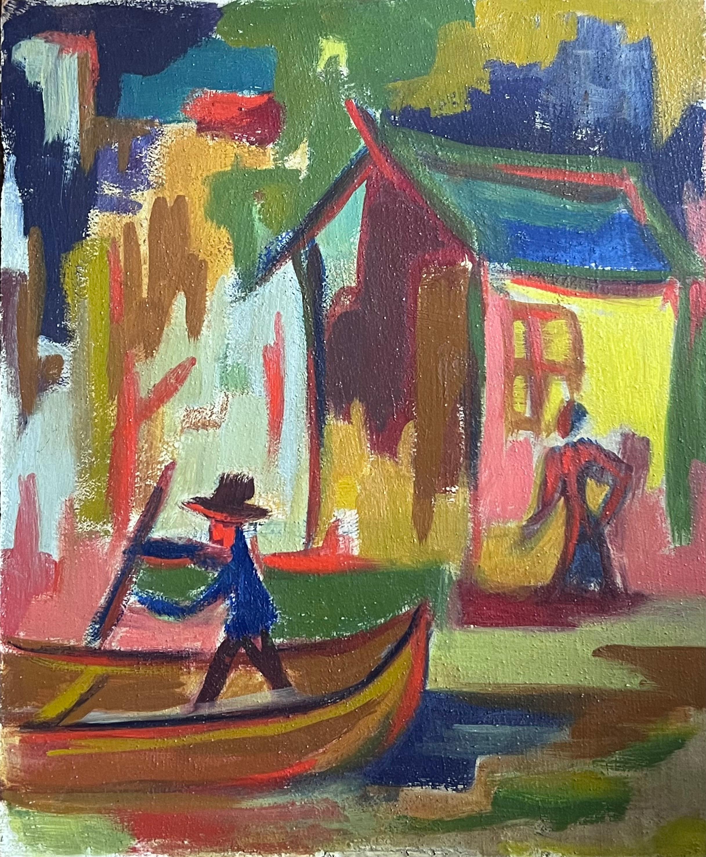 Raymond Guidot Figurative Painting – Französisches modernistisches Ölgemälde des 20. Jahrhunderts „Man in Punt Boat“ von Houses