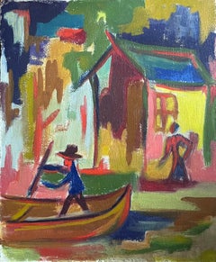 Französisches modernistisches Ölgemälde des 20. Jahrhunderts „Man in Punt Boat“ von Houses