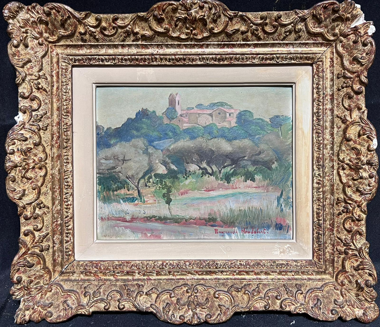 Huile post-impressionniste française signée Mid Century Provencal Landscape & Village - Painting de Raymond Heudebert (French 1894-1991)