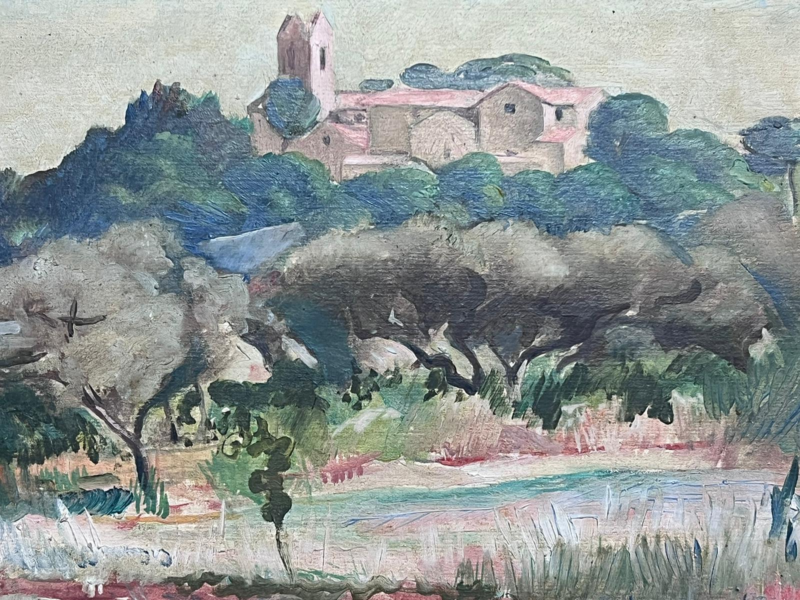 Huile post-impressionniste française signée Mid Century Provencal Landscape & Village - Moderne Painting par Raymond Heudebert (French 1894-1991)