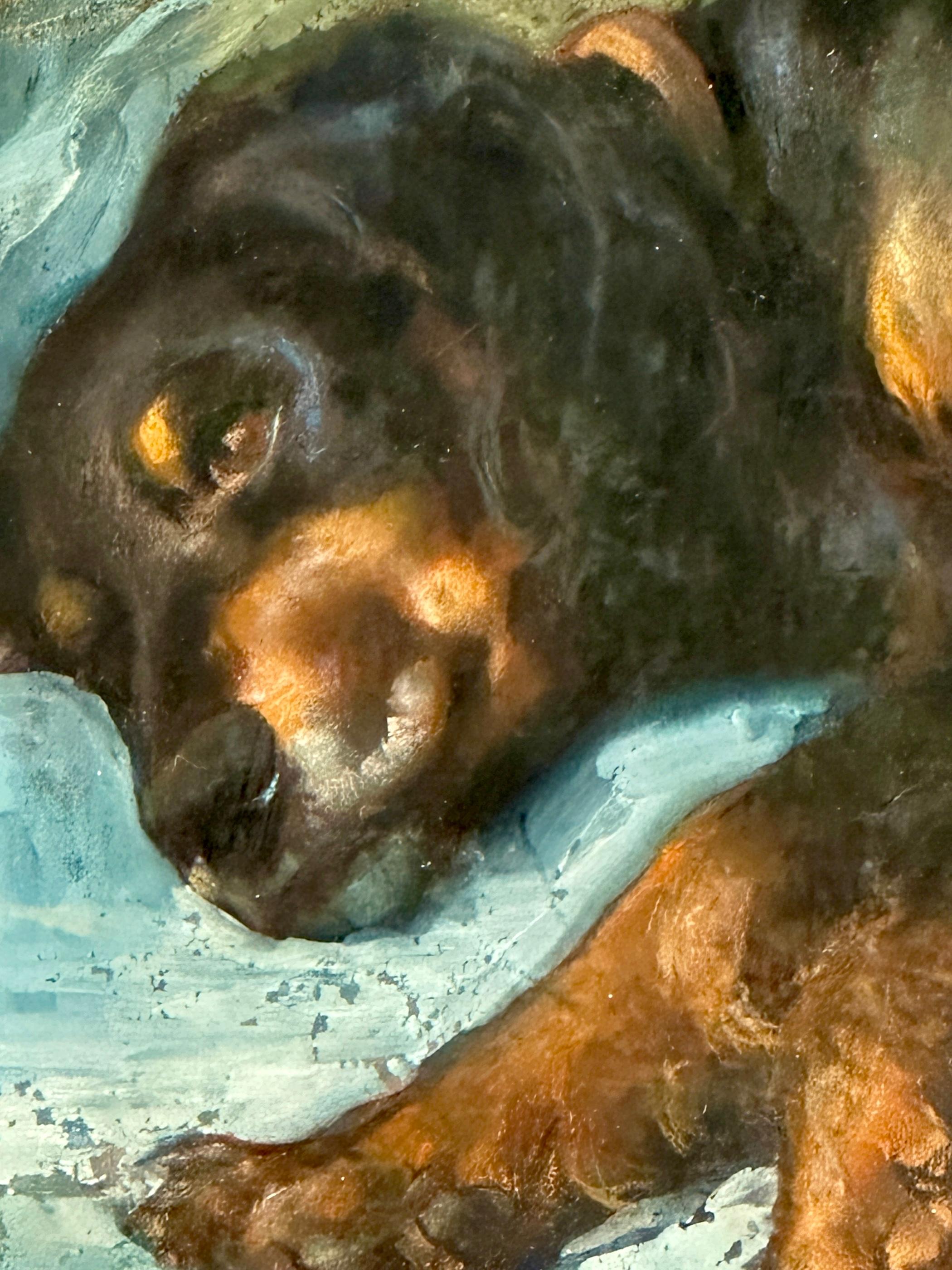 Raymond J. Cress (Amerikaner, Mitte des 20. Jahrhunderts)

Porträt eines ruhenden Irish Setters oder Spaniels, um 1950
Pastell und Mischtechnik auf Papier, rechts unten signiert
Präsentiert in einem kunstvoll geschnitzten und vergoldeten