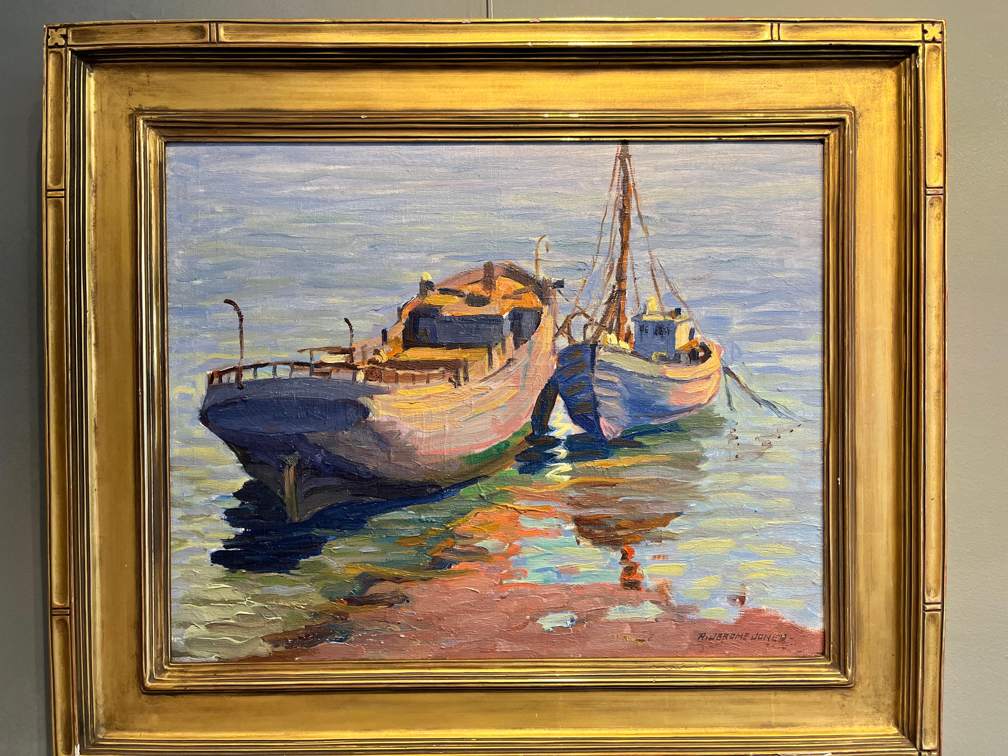 Luminoso dipinto impressionista di Marin con barche intitolato 