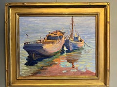 Bright Impressionist Marine Painting of Boats titled "Harbor Companions"