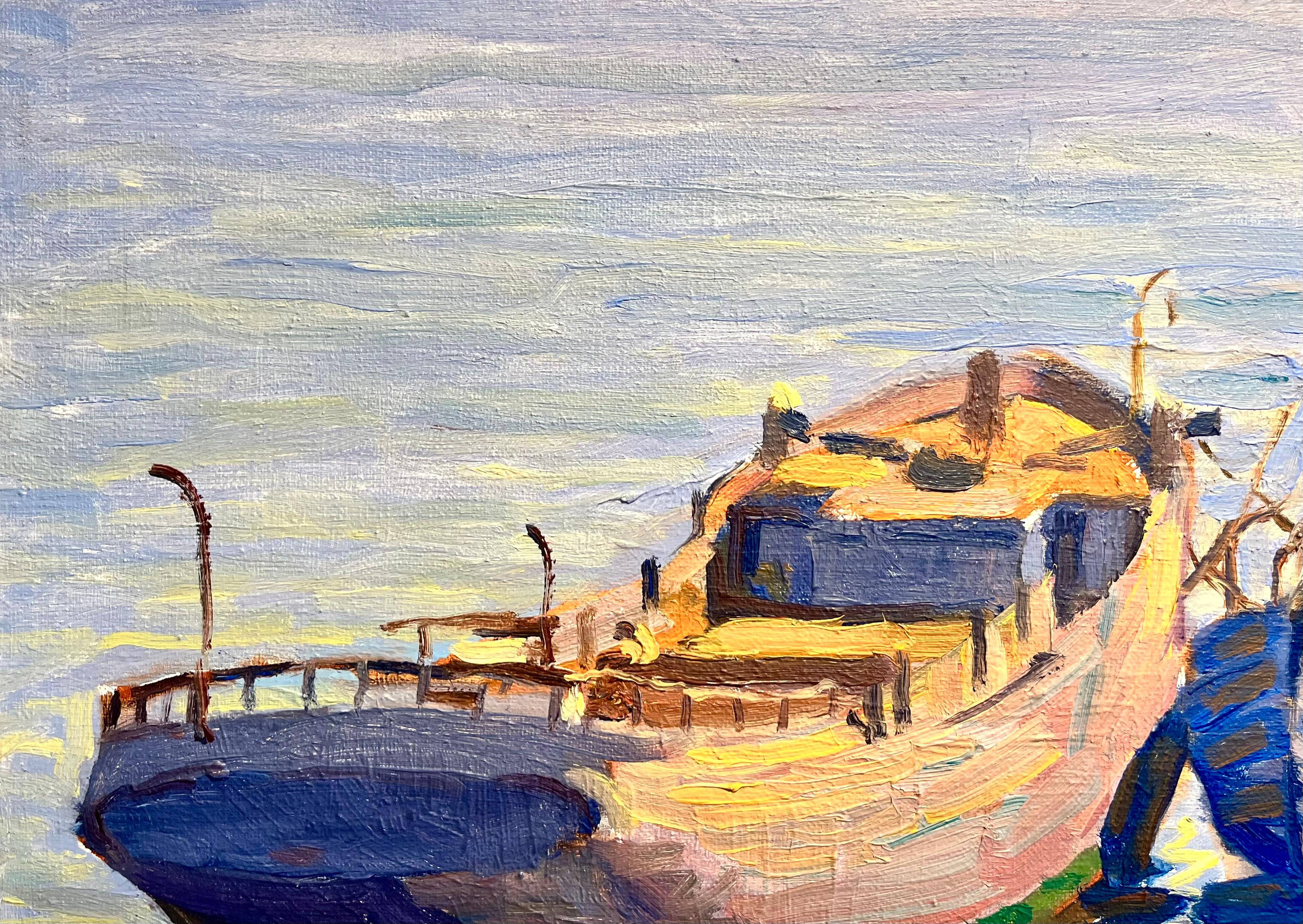 Luminoso dipinto impressionista di Marin con barche intitolato 