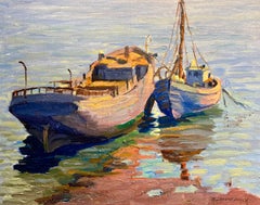 Leuchtendes impressionistisches Gemälde von Booten mit dem Titel "Hafengefährten" (Harbor Companions)