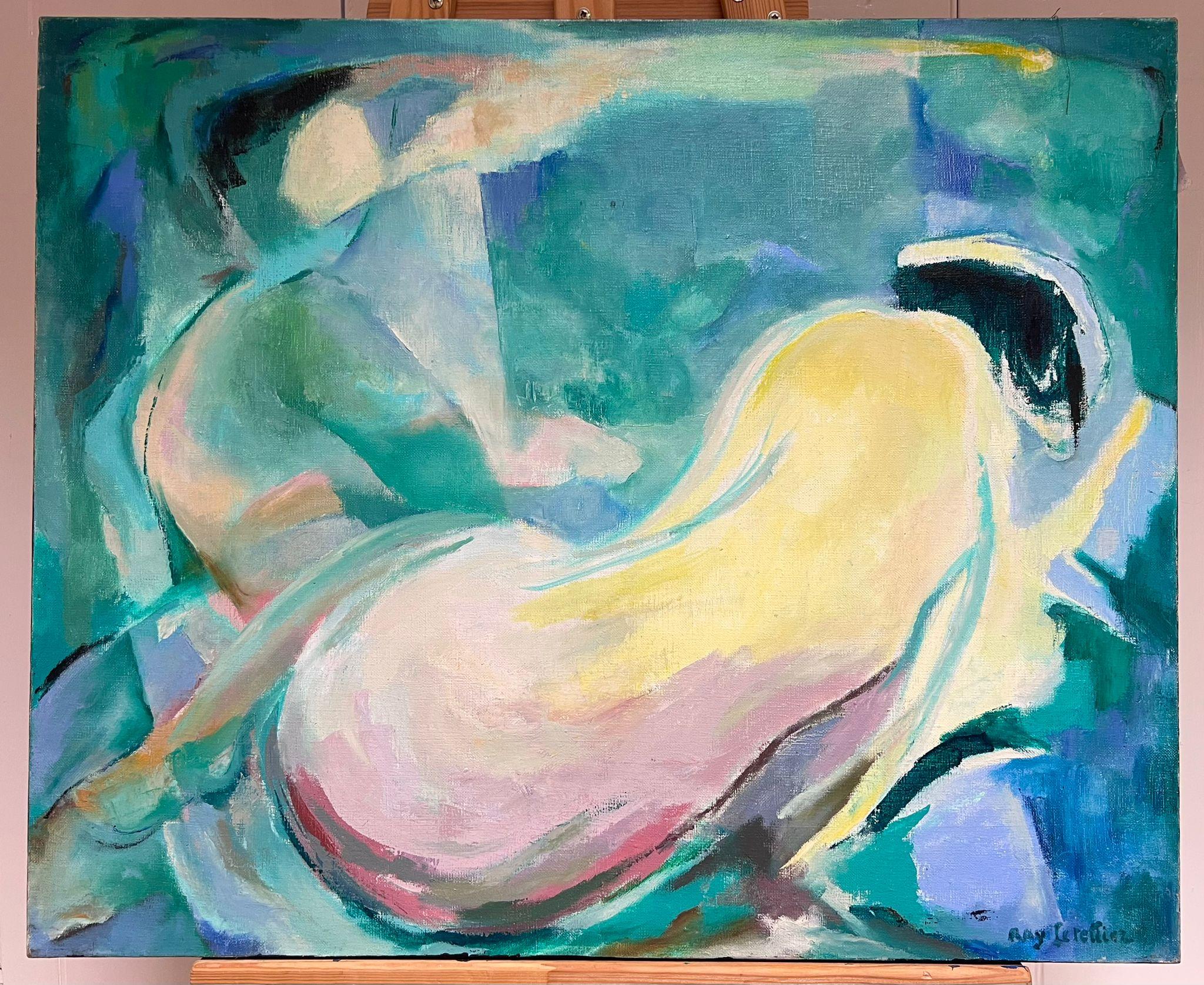 Pittura ad olio figurativa astratta modernista francese del 1980 con nudo sdraiato - Painting di Raymond Letellier 