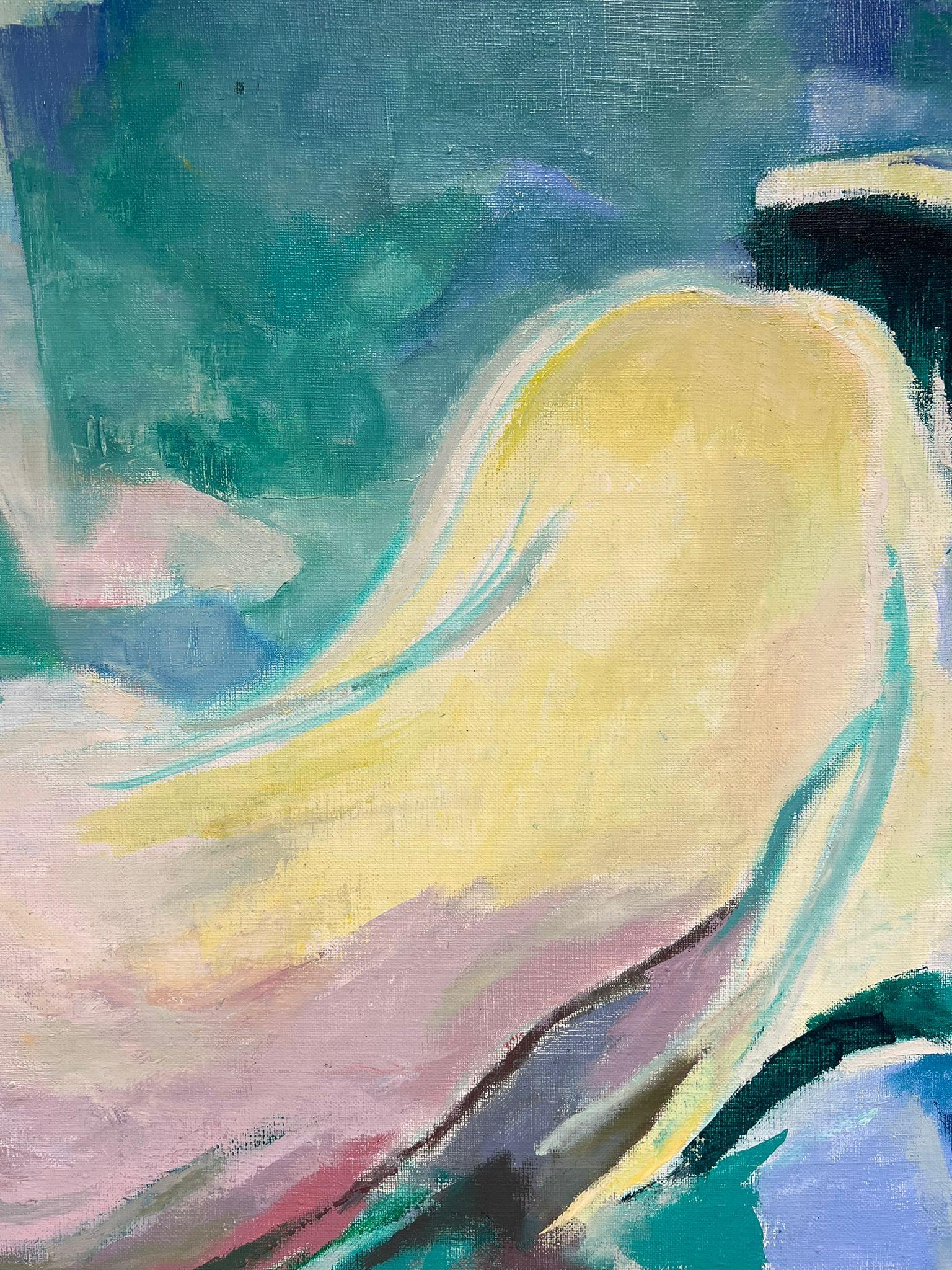 Pittura ad olio figurativa astratta modernista francese del 1980 con nudo sdraiato - Nude Painting Blu di Raymond Letellier 