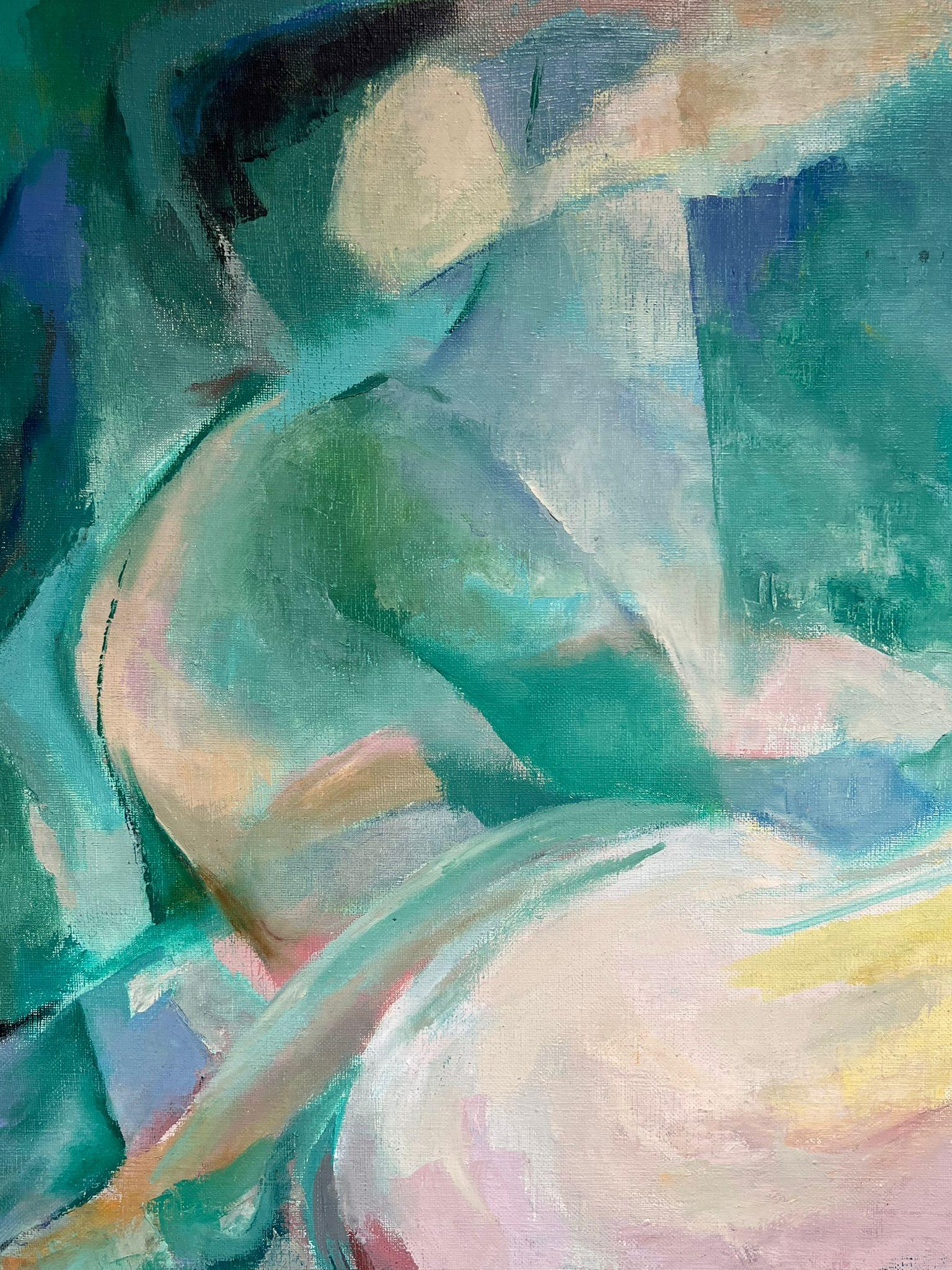 Pittura ad olio figurativa astratta modernista francese del 1980 con nudo sdraiato in vendita 1