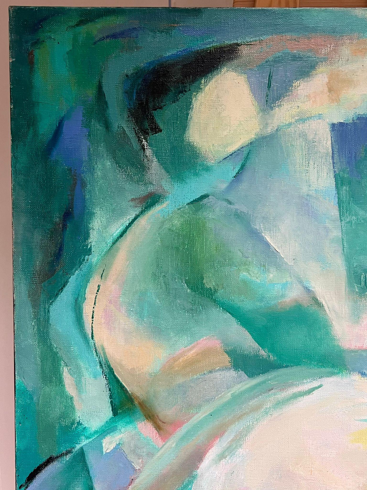 Pittura ad olio figurativa astratta modernista francese del 1980 con nudo sdraiato in vendita 2