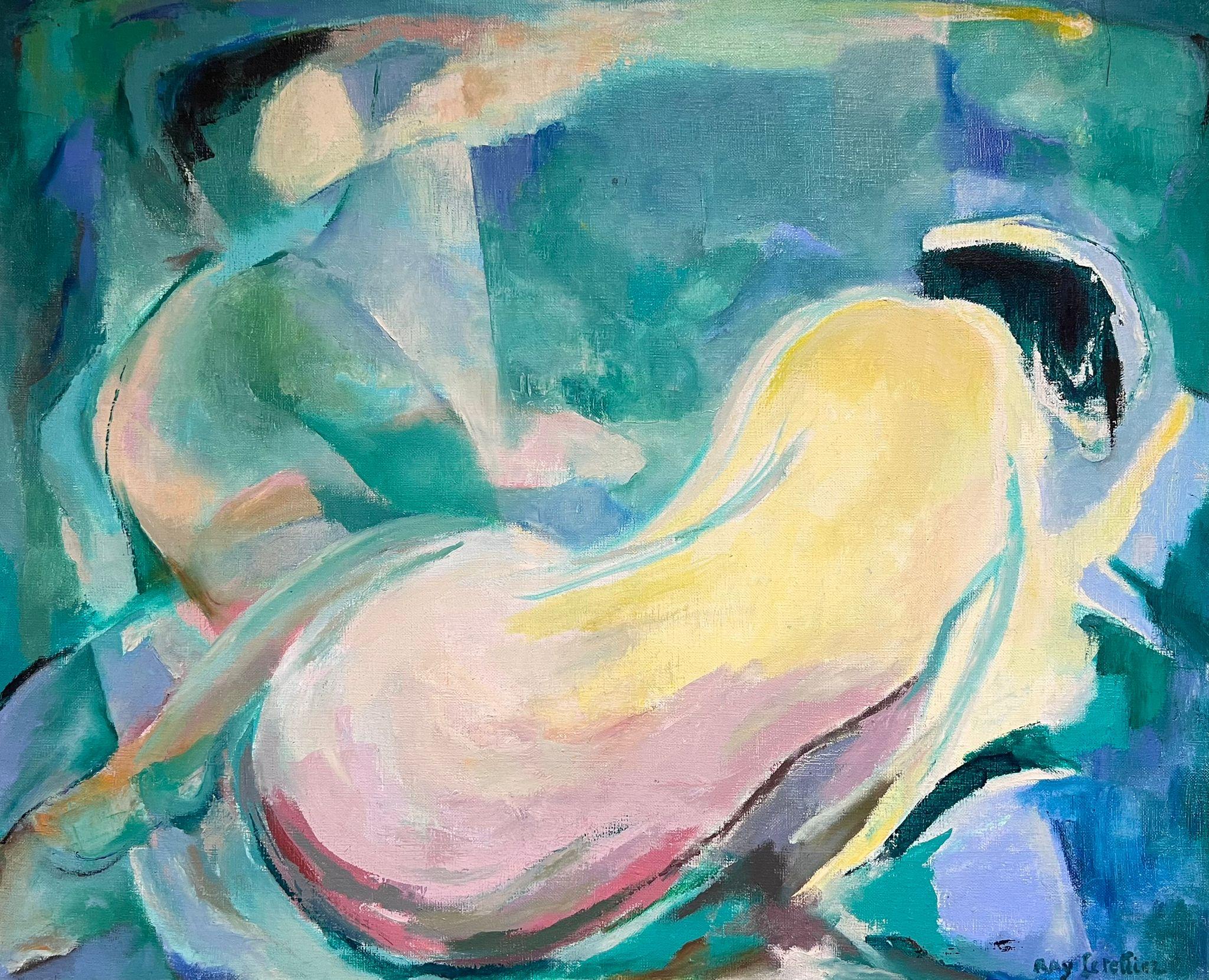 Pintura al óleo figurativa abstracta modernista francesa de 1980 de desnudo reclinado