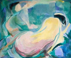 1980's French Modernist Abstract Figurative Oil Painting of Reclining Nude