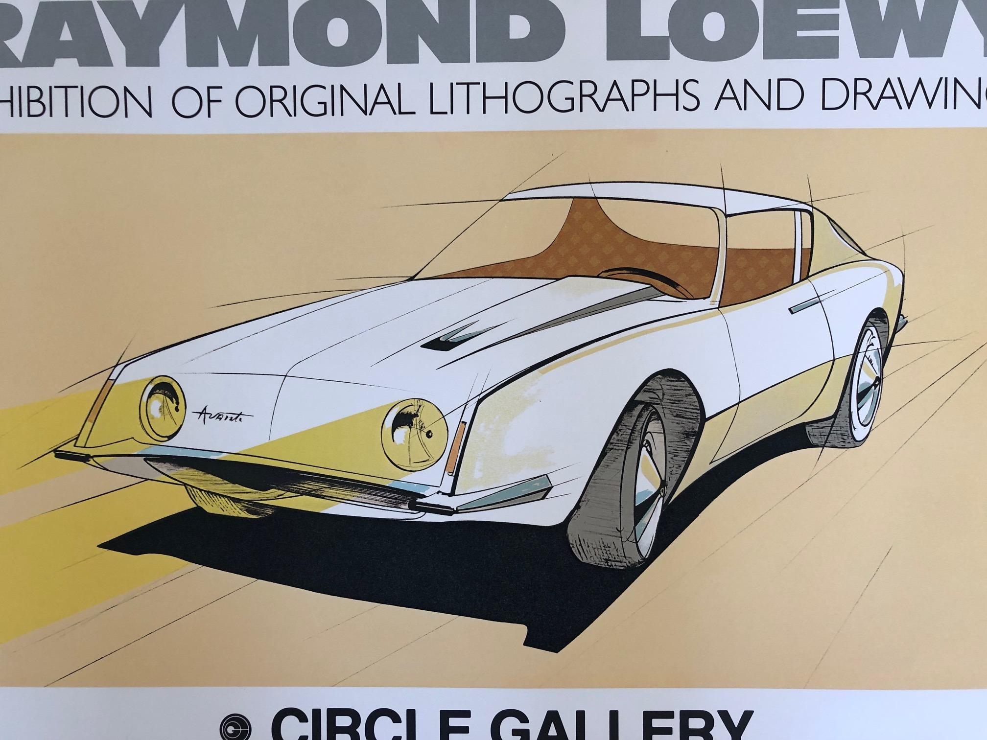 Une intéressante affiche de Raymond Loewy provenant de Circle Gallery, vers 1979. Exposition de dessins, croquis, etc. du célèbre designer industriel.