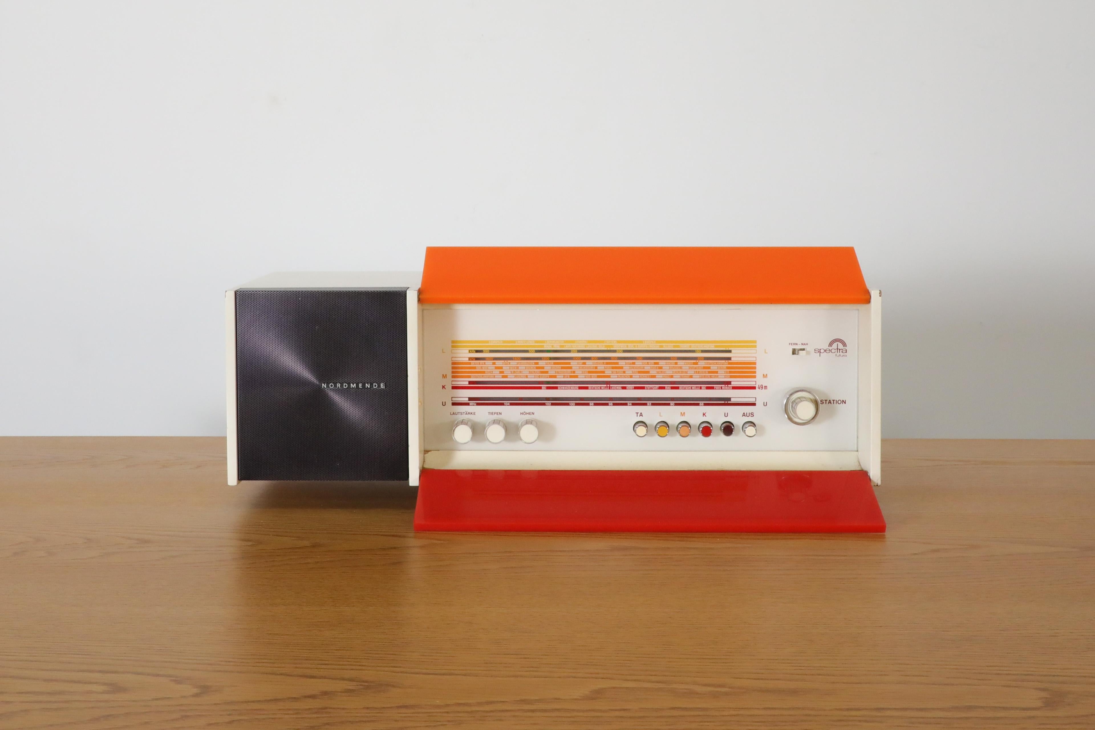 Mid-Century Modern Raymond Loewy Designed Nordmende Spectra Futura Transistor Radio in Red & Orange