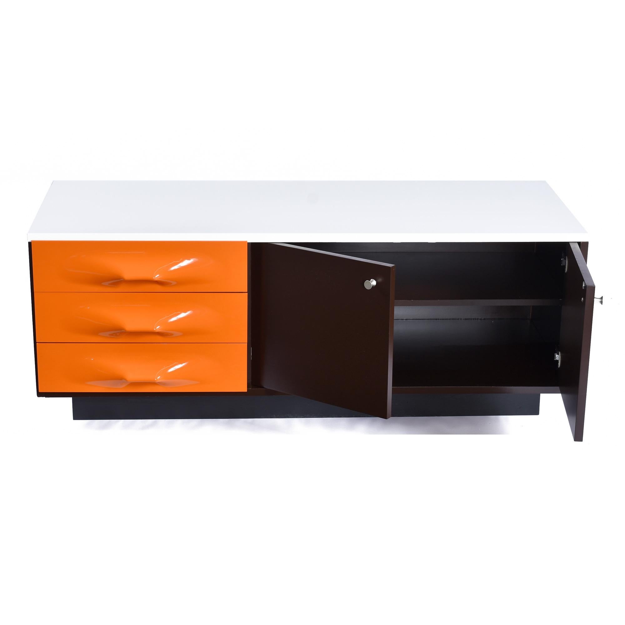 Molded Raymond Loewy DF-2000 Orange Plastic Drawer Media Cabinet Credenza For Sale