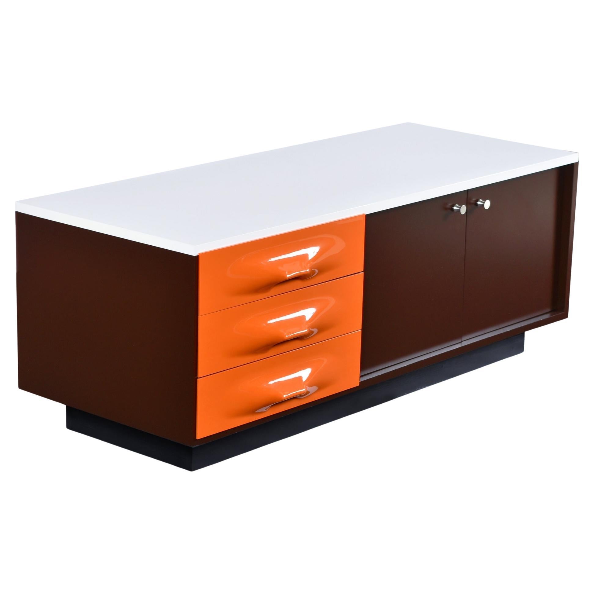 Raymond Loewy DF-2000 Orange Plastic Drawer Media Cabinet Credenza For Sale