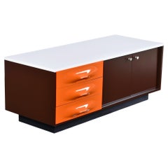 Vintage Raymond Loewy DF-2000 Orange Plastic Drawer Media Cabinet Credenza