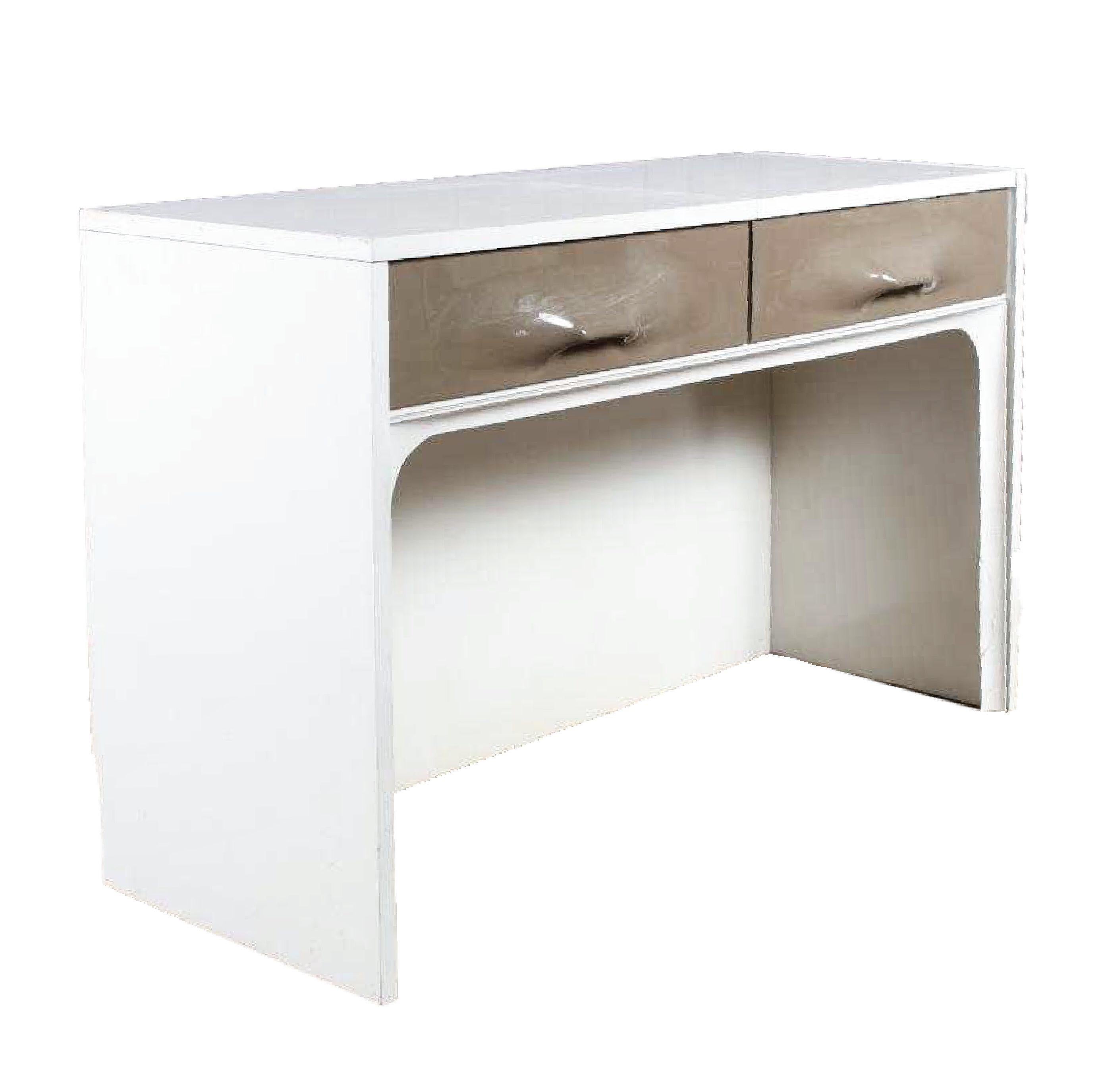 Lacquered wood (white) and French gray polycarbonate drawer fronts. One drawer front actually lifts to reveal a sizable mirror and additional surface / basin for storage. Toiletries at your fingertips, where you left them, mirror in tow, but hidden