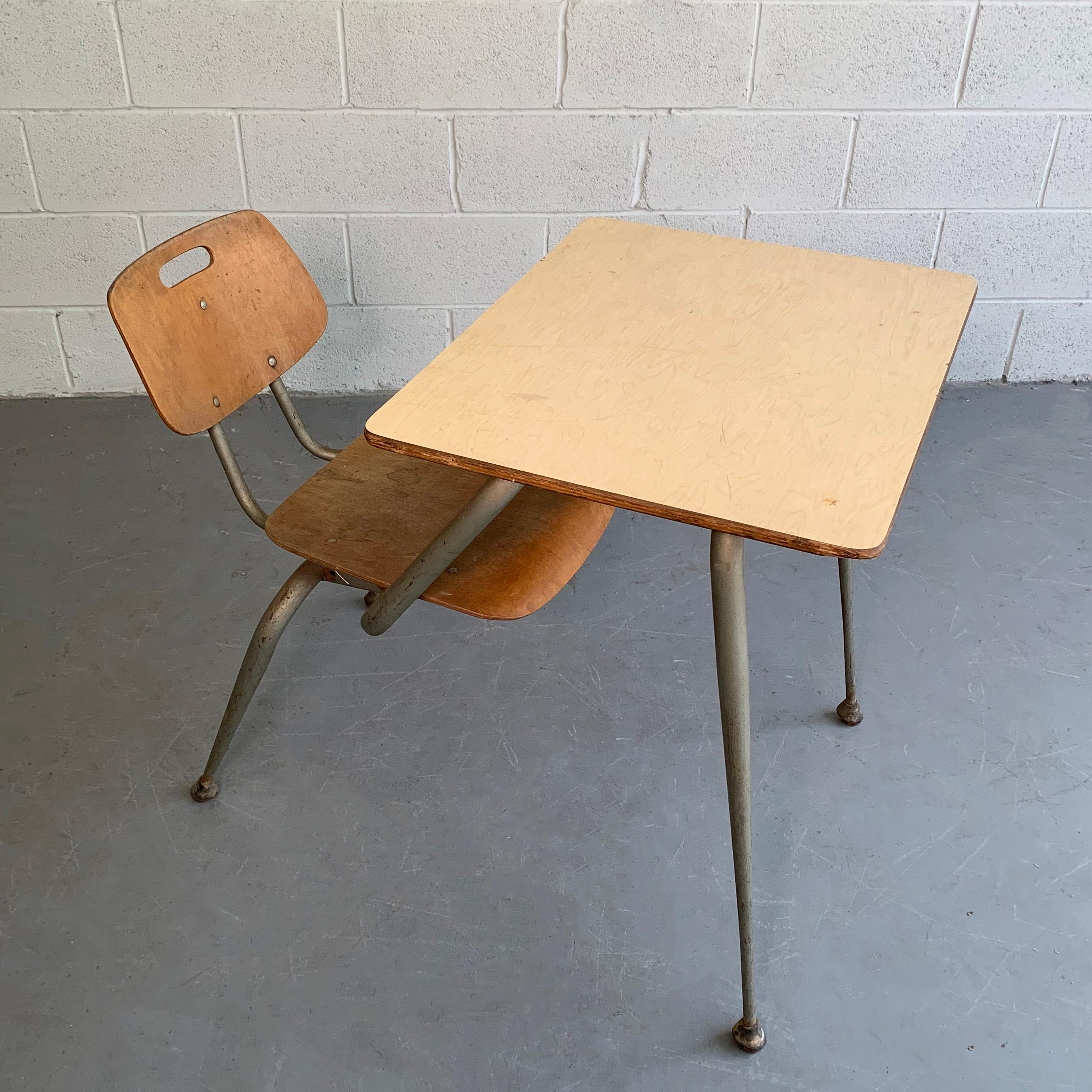 Mid-Century Modern Raymond Loewy for Brunswick Attached School Desk Chair Set