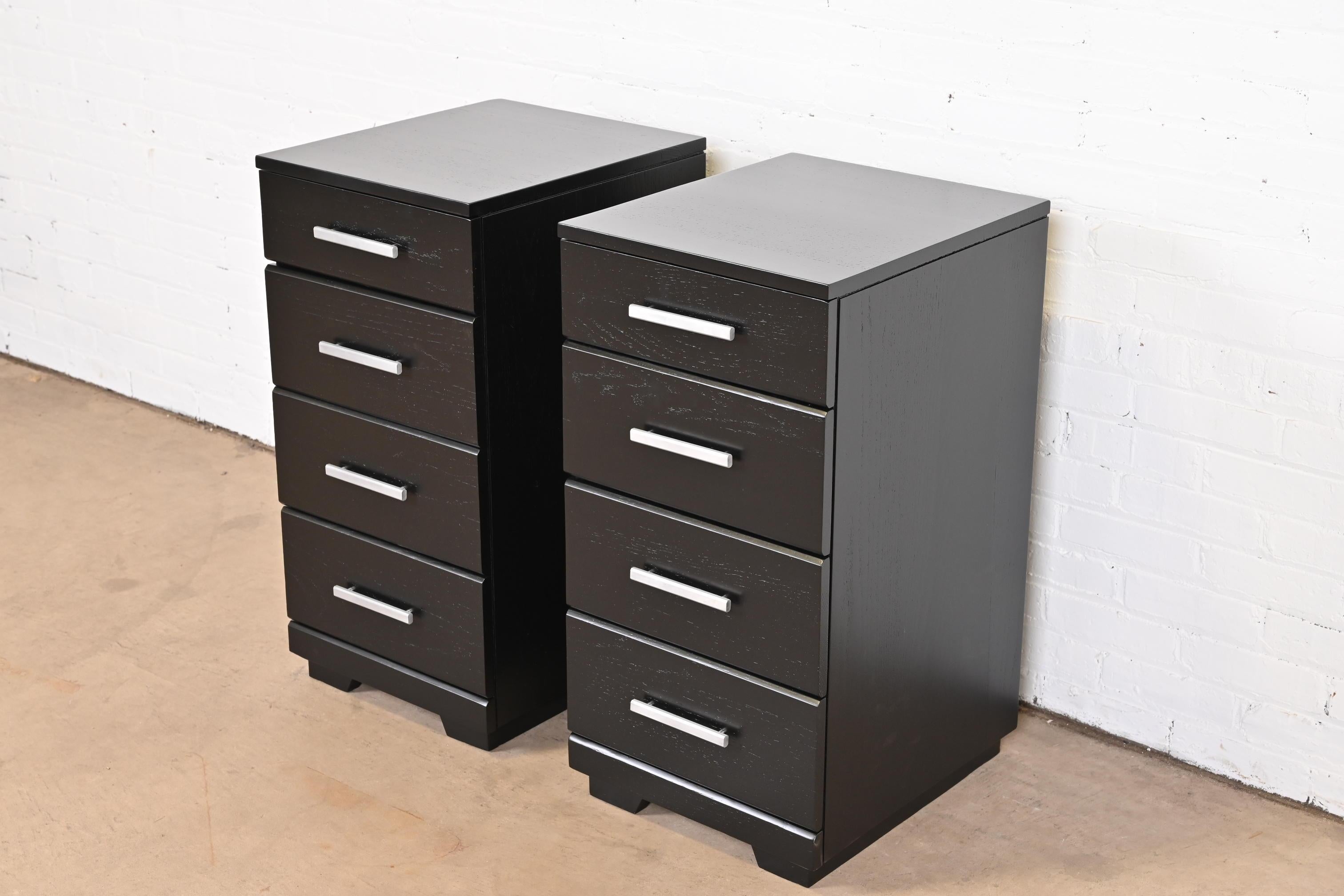 Mid-Century Modern Raymond Loewy for Mengel Black Lacquered Bedside Chests, Newly Refinished For Sale