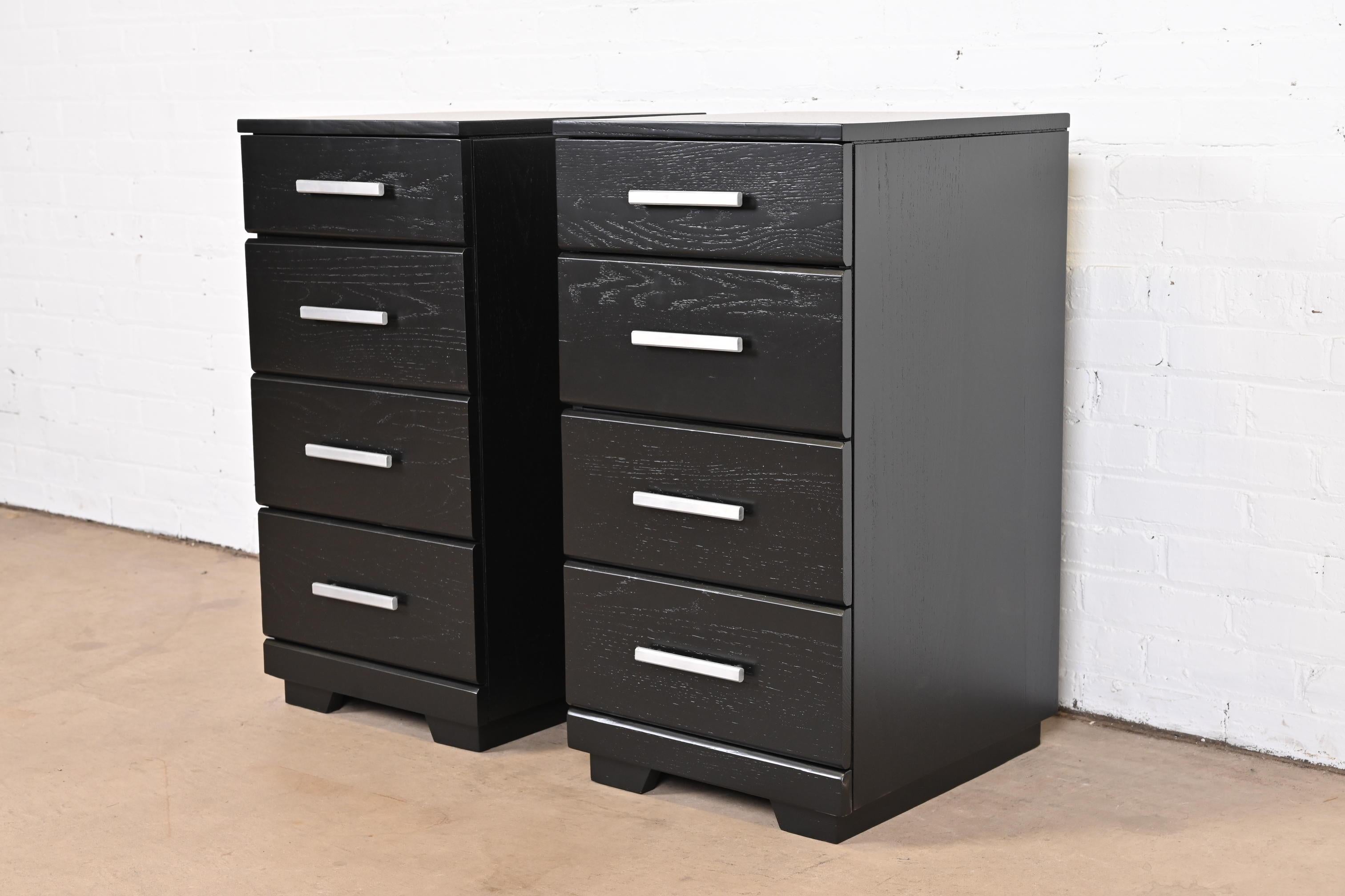 American Raymond Loewy for Mengel Black Lacquered Bedside Chests, Newly Refinished For Sale