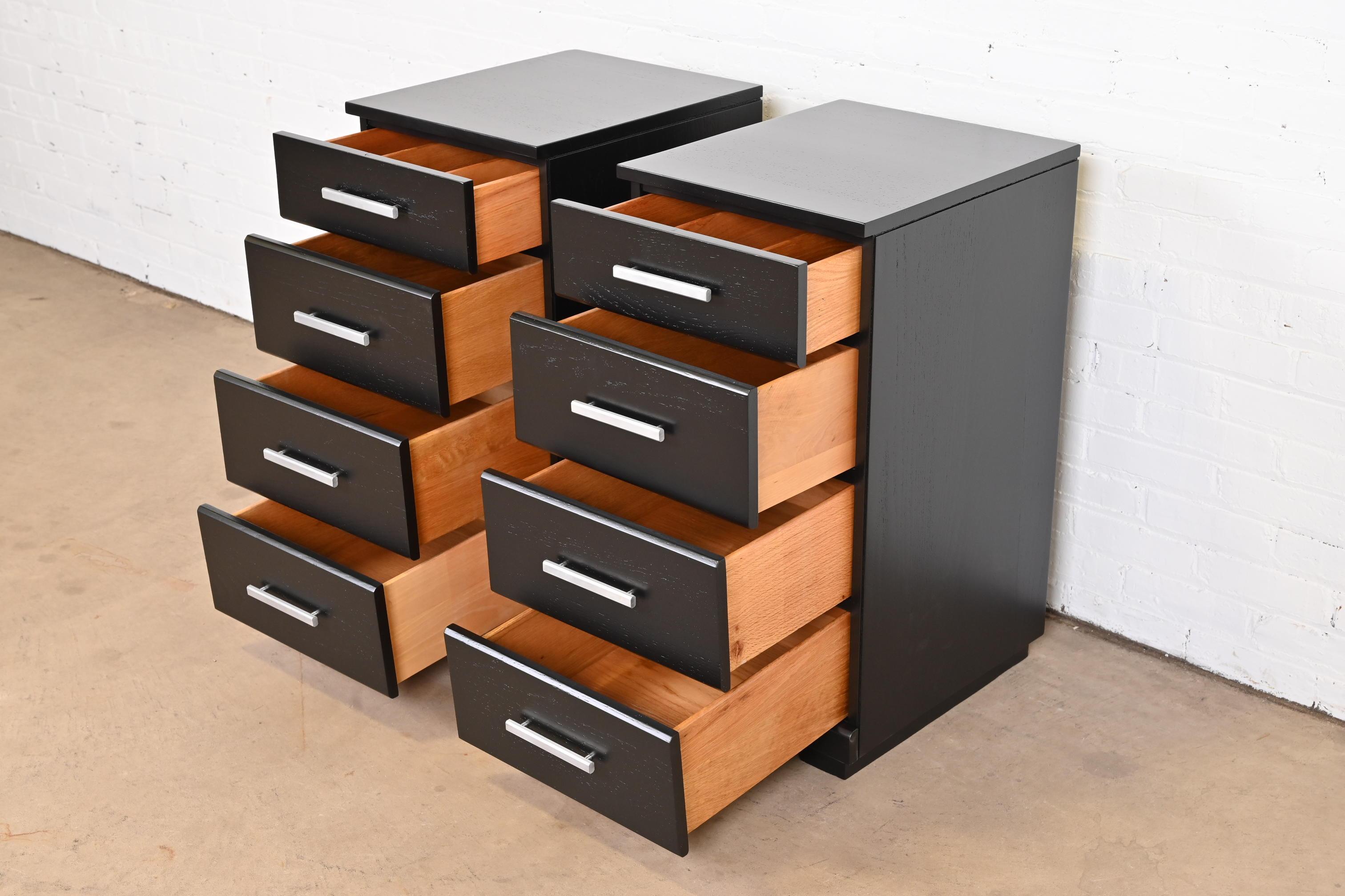 Mid-20th Century Raymond Loewy for Mengel Black Lacquered Bedside Chests, Newly Refinished For Sale