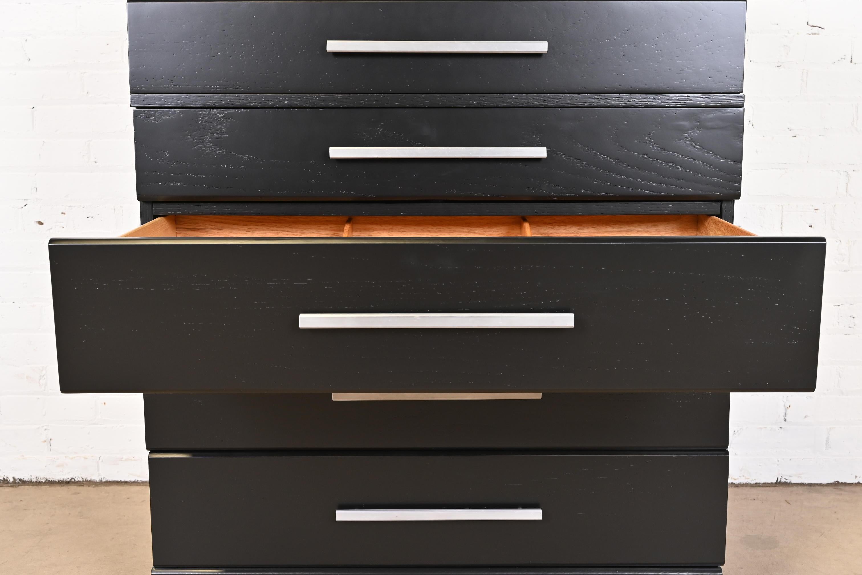 Aluminum Raymond Loewy for Mengel Black Lacquered Highboy Dresser, Newly Refinished For Sale
