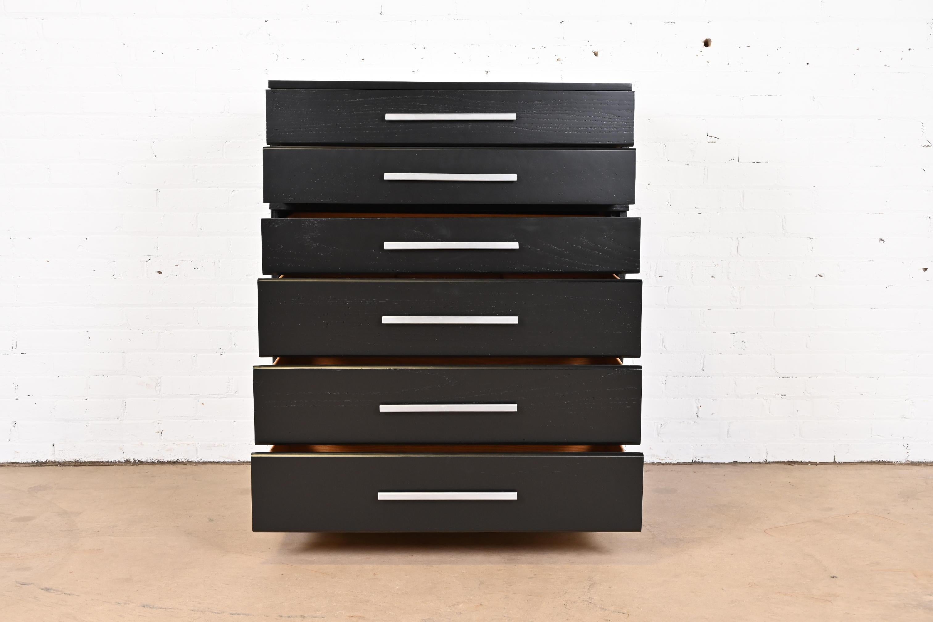 American Raymond Loewy for Mengel Black Lacquered Highboy Dresser, Newly Refinished For Sale