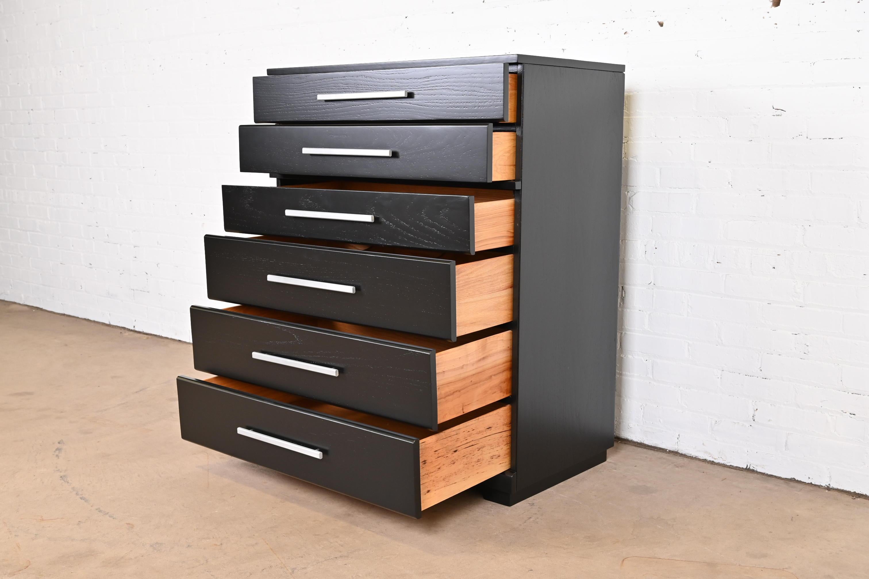 Mid-20th Century Raymond Loewy for Mengel Black Lacquered Highboy Dresser, Newly Refinished For Sale