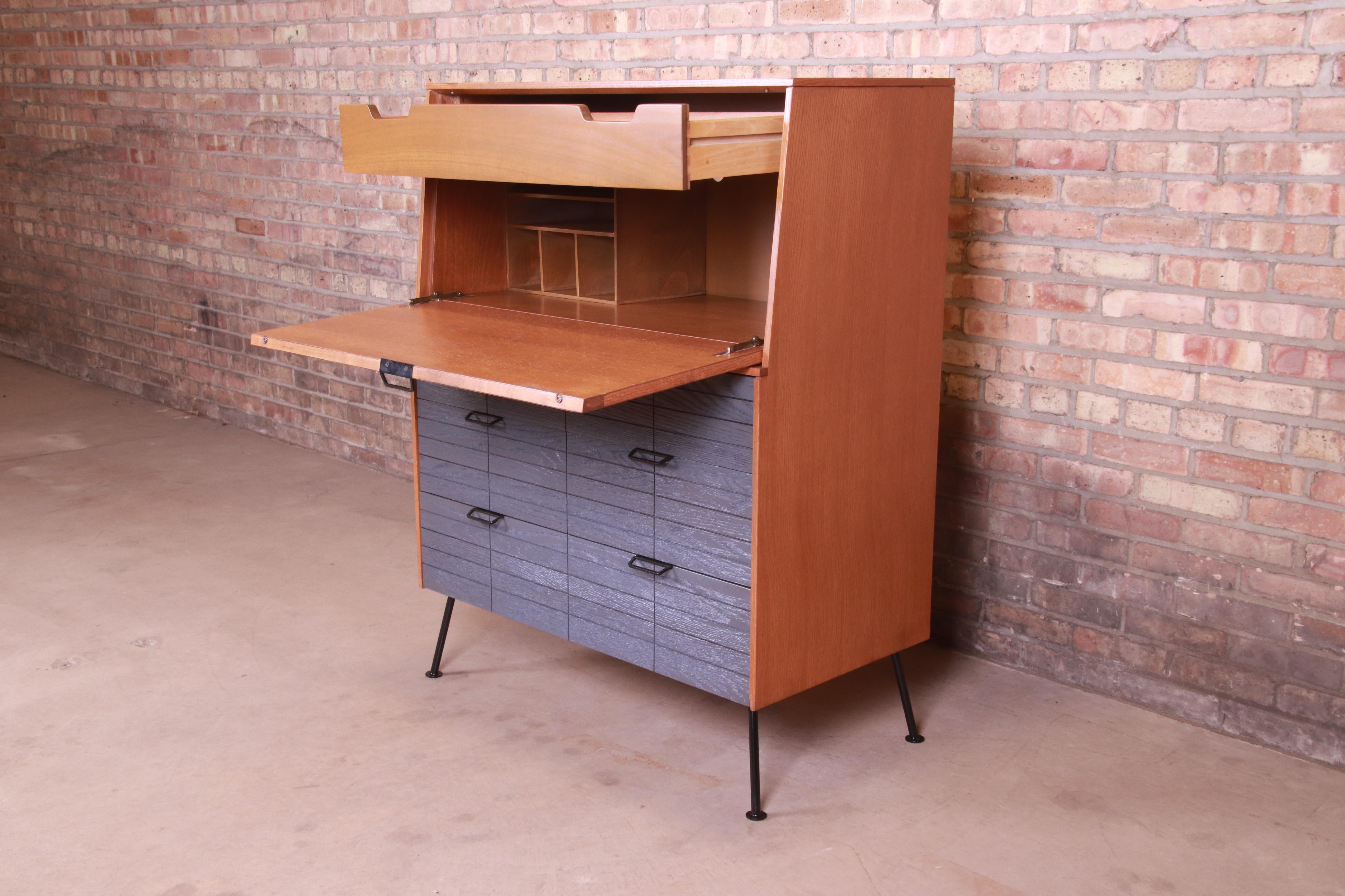 Raymond Loewy for Mengel Drop Front Secretary Desk on Iron Legs, Refinished For Sale 1