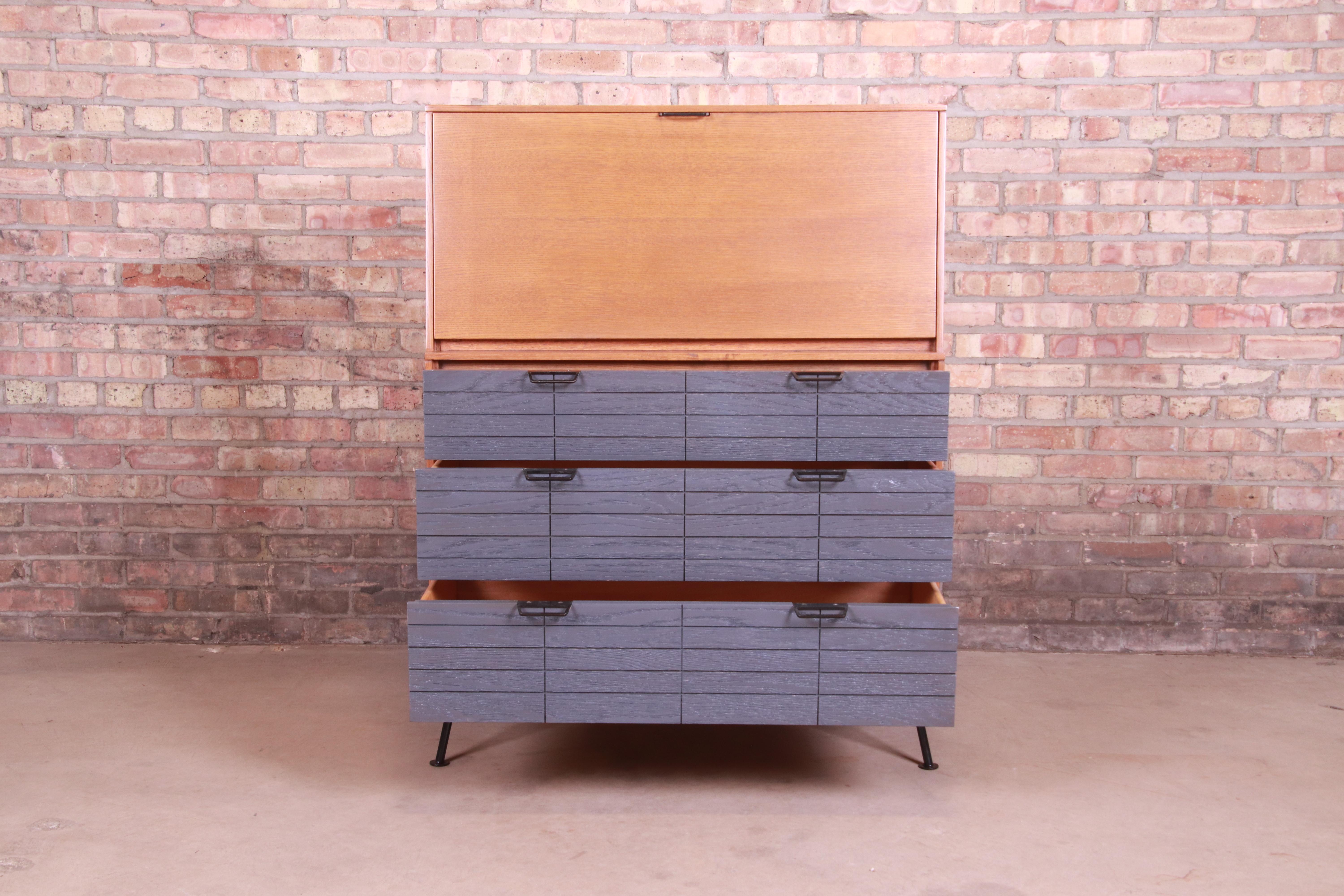 Raymond Loewy for Mengel Drop Front Secretary Desk on Iron Legs, Refinished For Sale 4