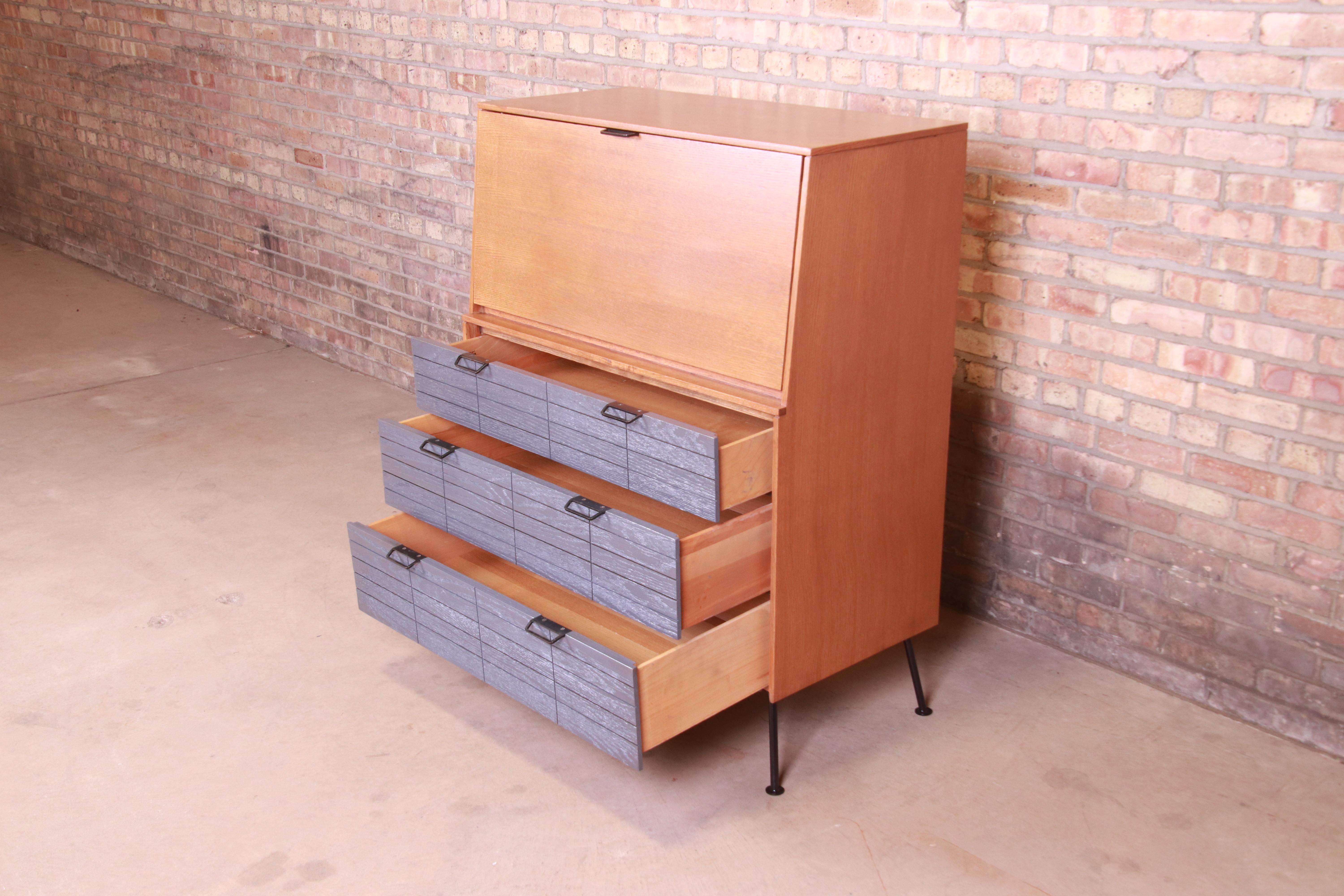 Raymond Loewy for Mengel Drop Front Secretary Desk on Iron Legs, Refinished 5