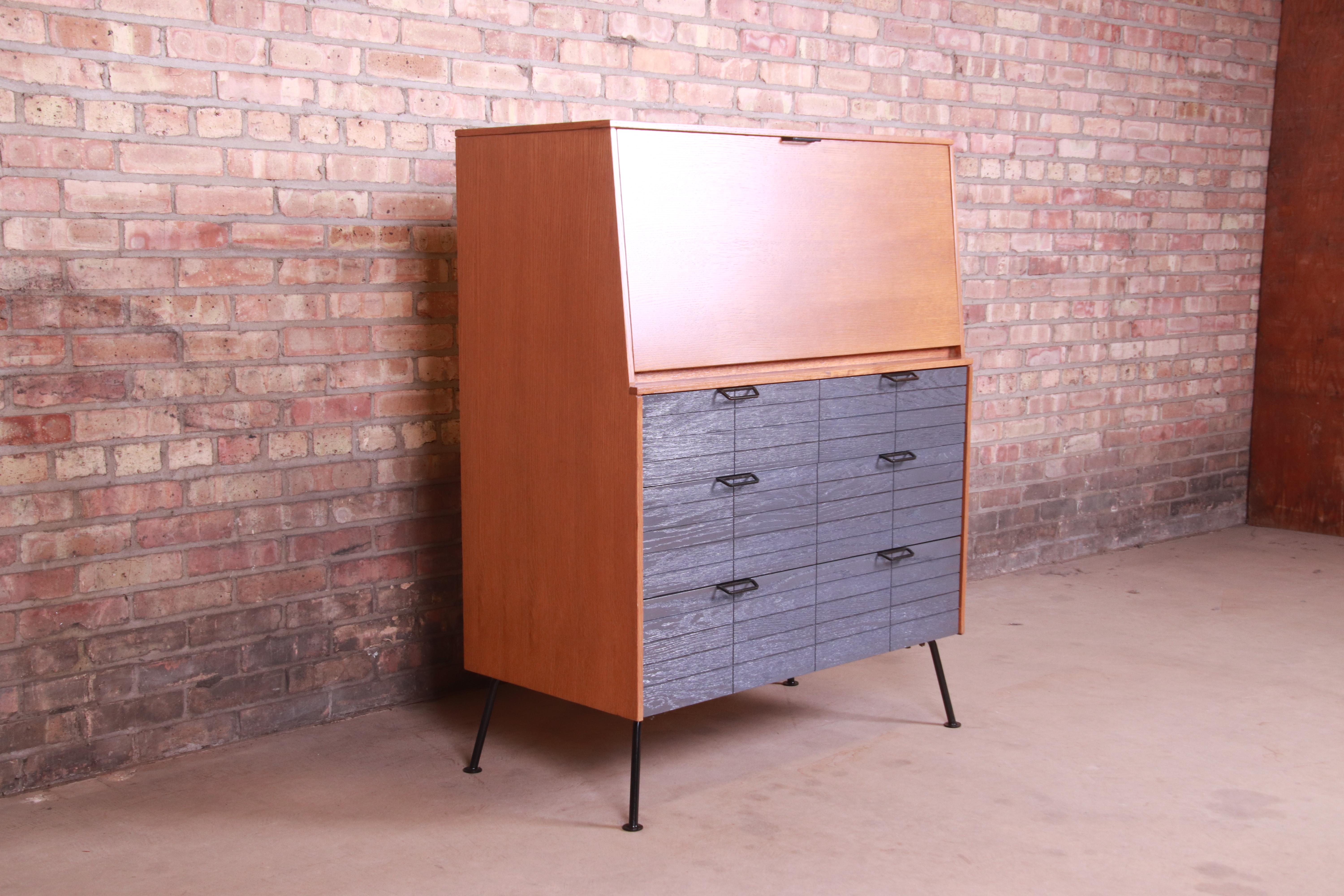 Mid-Century Modern Raymond Loewy for Mengel Drop Front Secretary Desk on Iron Legs, Refinished For Sale
