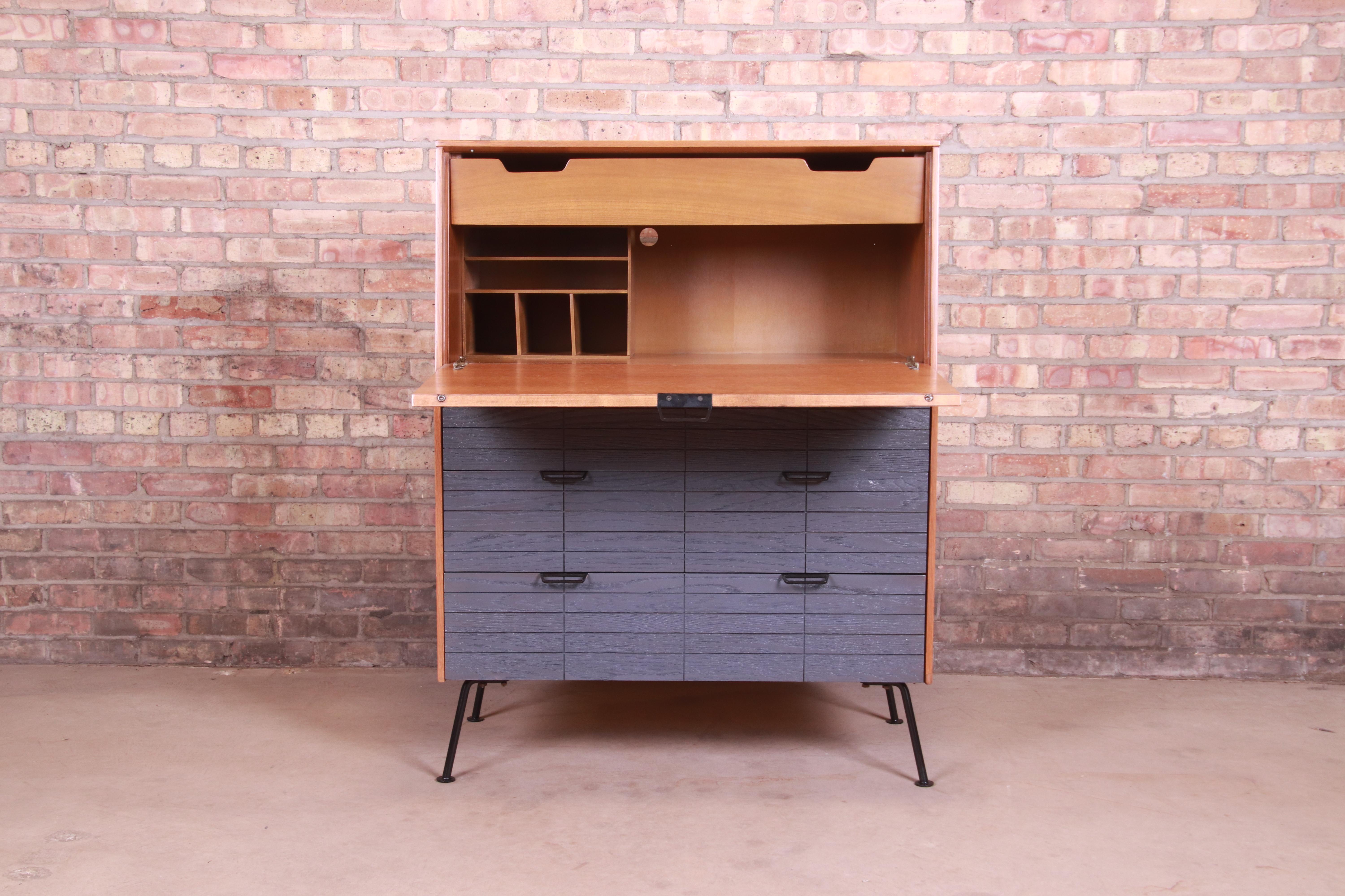 American Raymond Loewy for Mengel Drop Front Secretary Desk on Iron Legs, Refinished For Sale