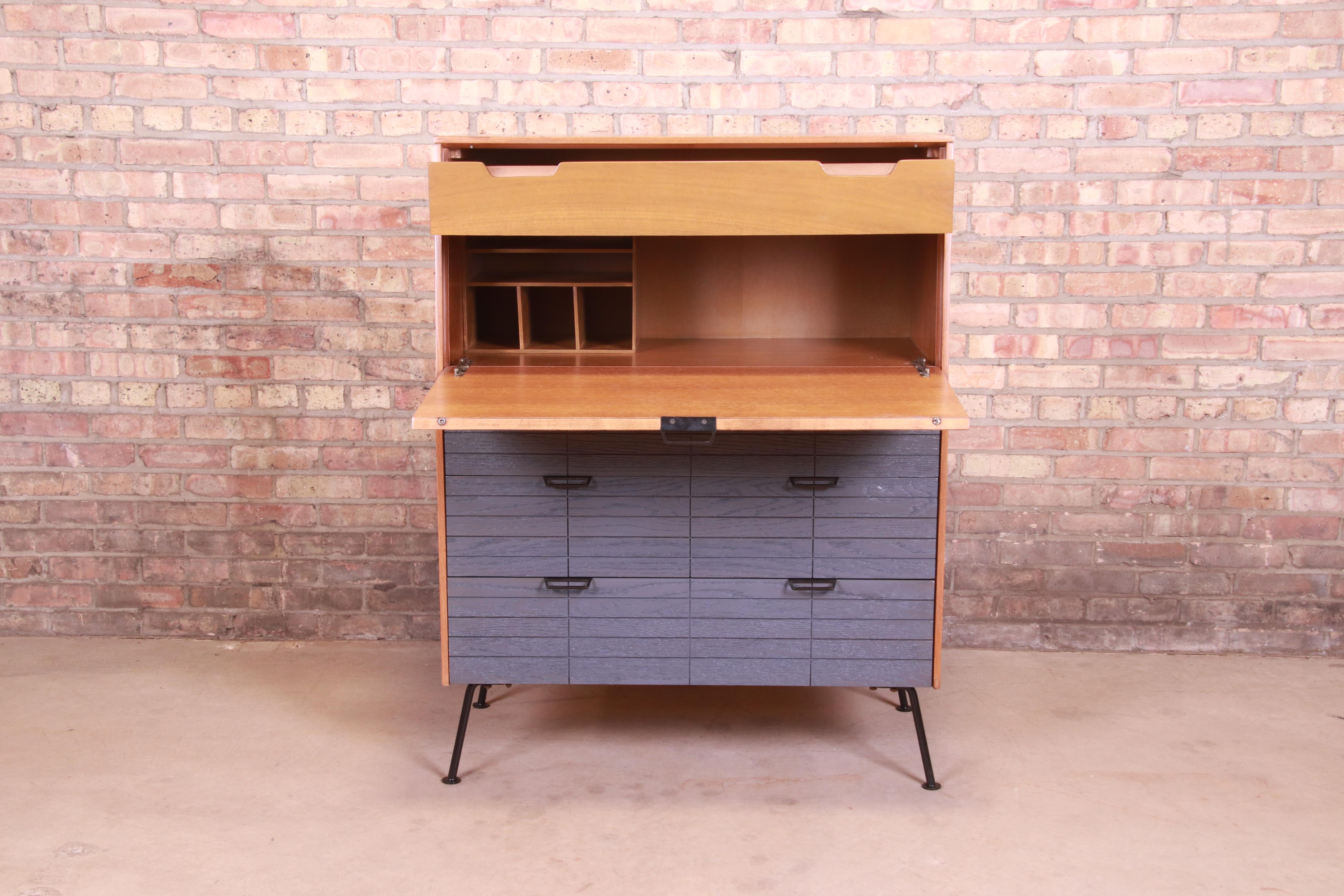 Raymond Loewy for Mengel Drop Front Secretary Desk on Iron Legs, Refinished In Good Condition For Sale In South Bend, IN