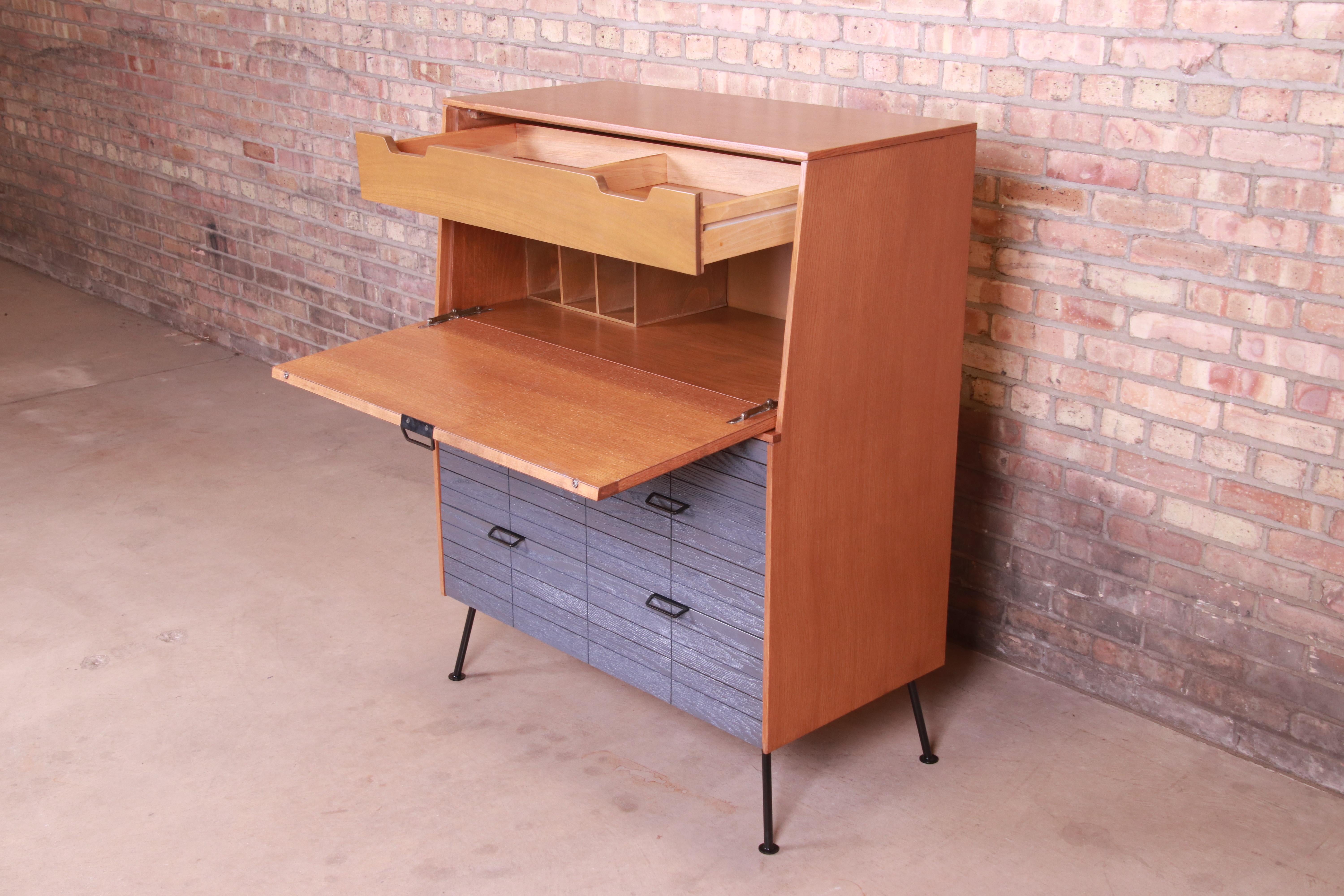 Mid-20th Century Raymond Loewy for Mengel Drop Front Secretary Desk on Iron Legs, Refinished For Sale
