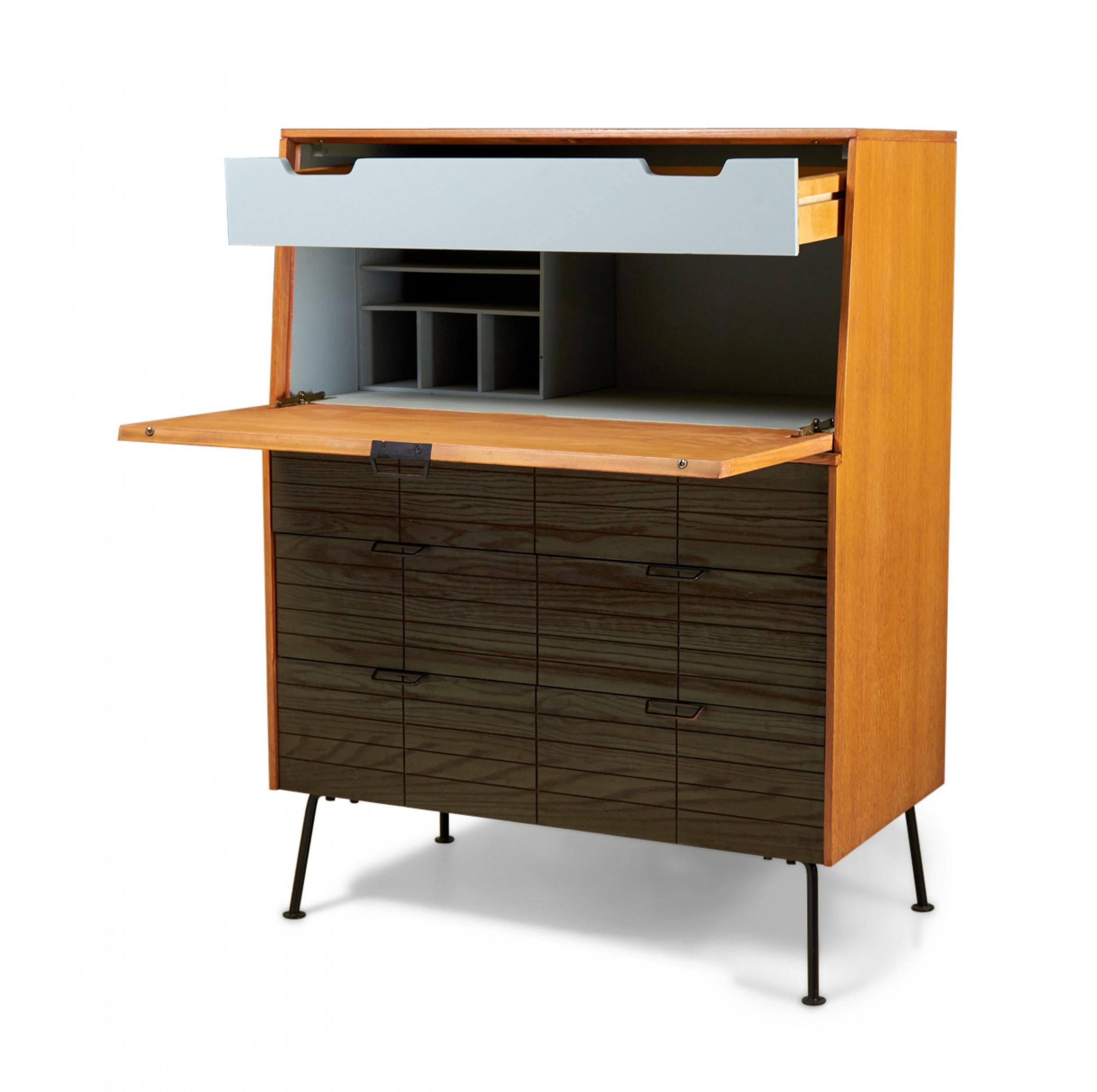 Raymond Loewy for Mengel Fall-Front Walnut and Iron Secretary Cabinets For Sale 4