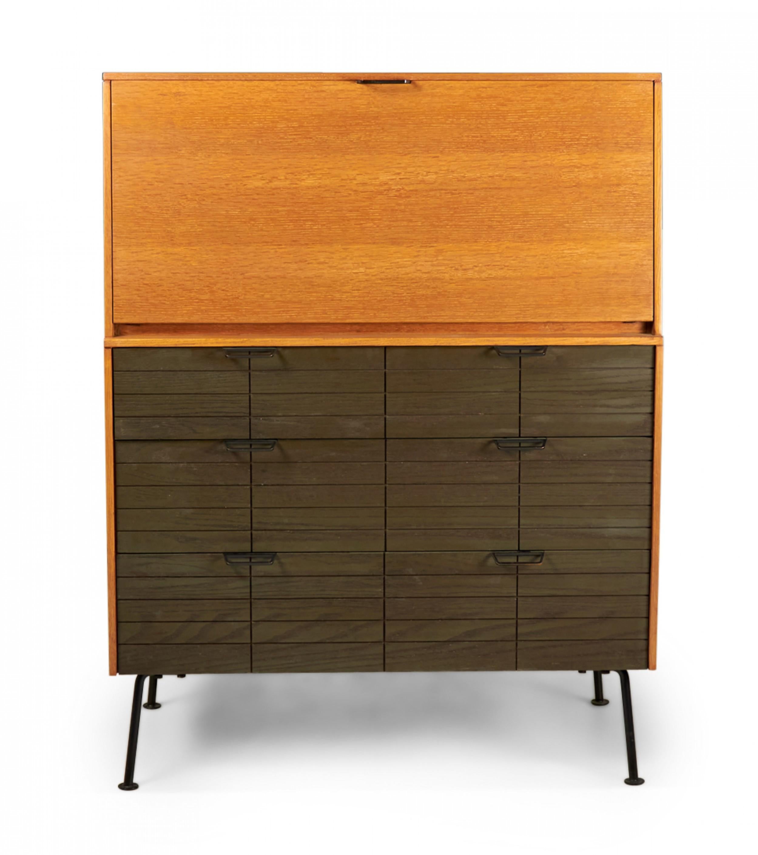 Mid-Century Modern Raymond Loewy for Mengel Fall-Front Walnut and Iron Secretary Cabinets For Sale