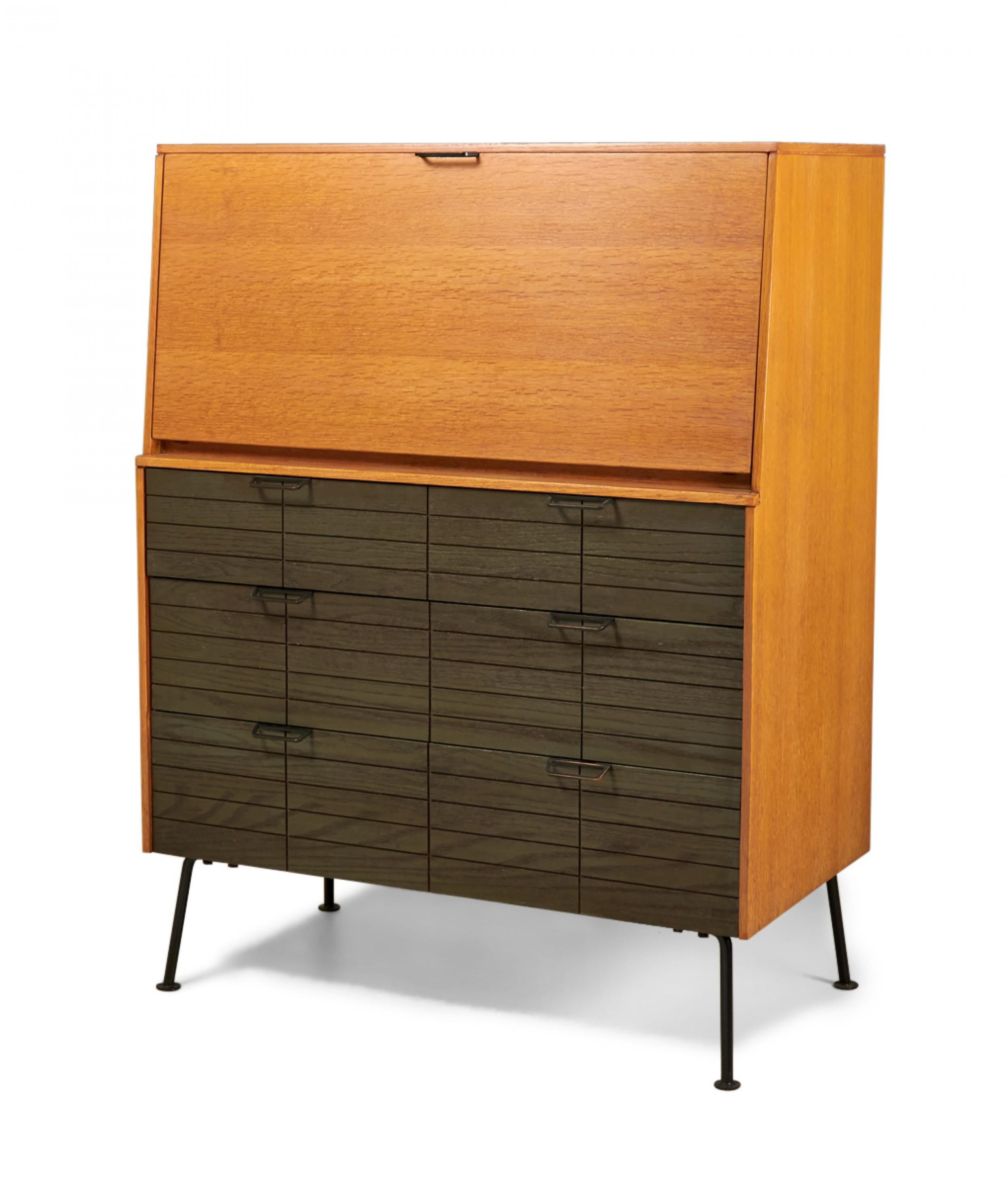 American Raymond Loewy for Mengel Fall-Front Walnut and Iron Secretary Cabinets For Sale