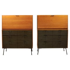 Vintage Raymond Loewy for Mengel Fall-Front Walnut and Iron Secretary Cabinets