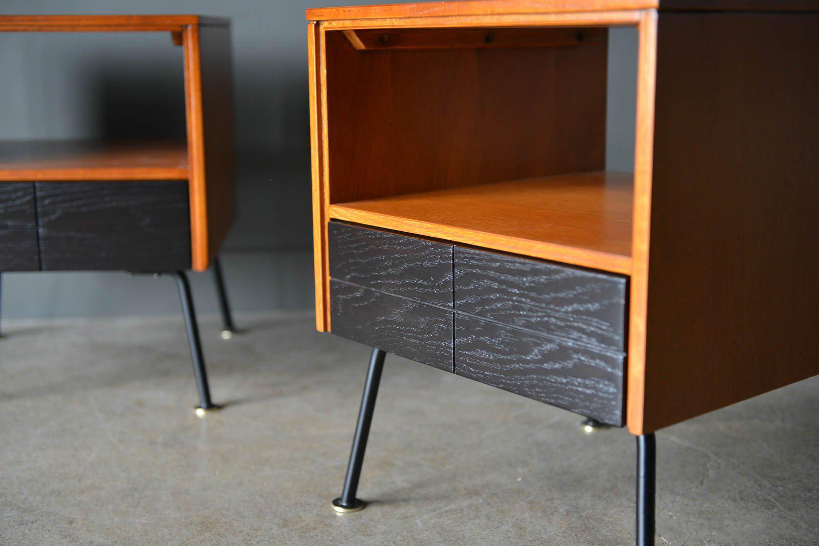 Raymond Loewy for Mengel side tables, circa 1950. Professionally restored in showroom perfect condition. Classic design with brass capped feet on iron legs. Designed for Mengel Furniture, circa 1950. Perfect for nightstands as well, with lower
