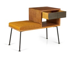 Raymond Loewy for Mengel Walnut, Iron and Gold Upholstery Telephone Bench