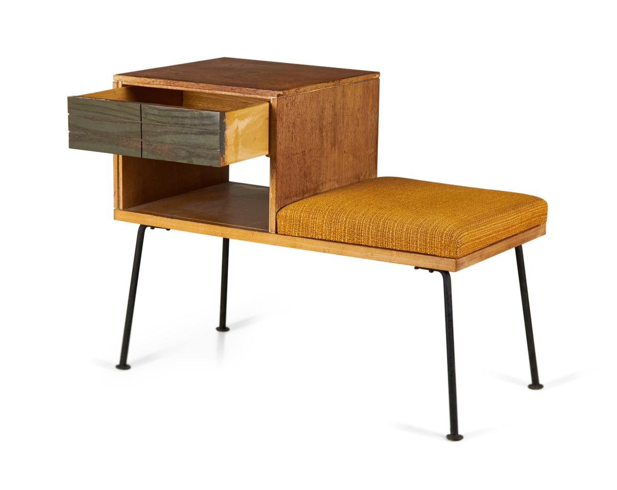 20th Century Raymond Loewy for Mengel Walnut, Iron and Gold Upholstery Telephone Bench For Sale
