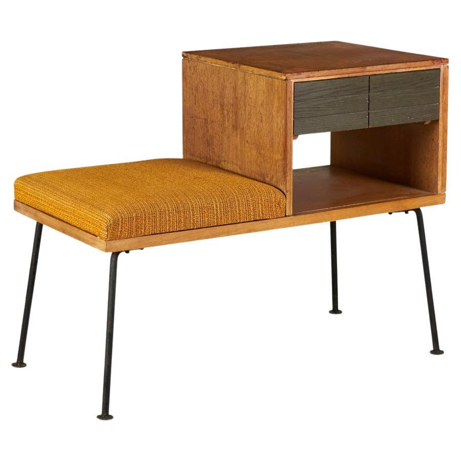 Raymond Loewy for Mengel Walnut, Iron and Gold Upholstery Telephone Bench