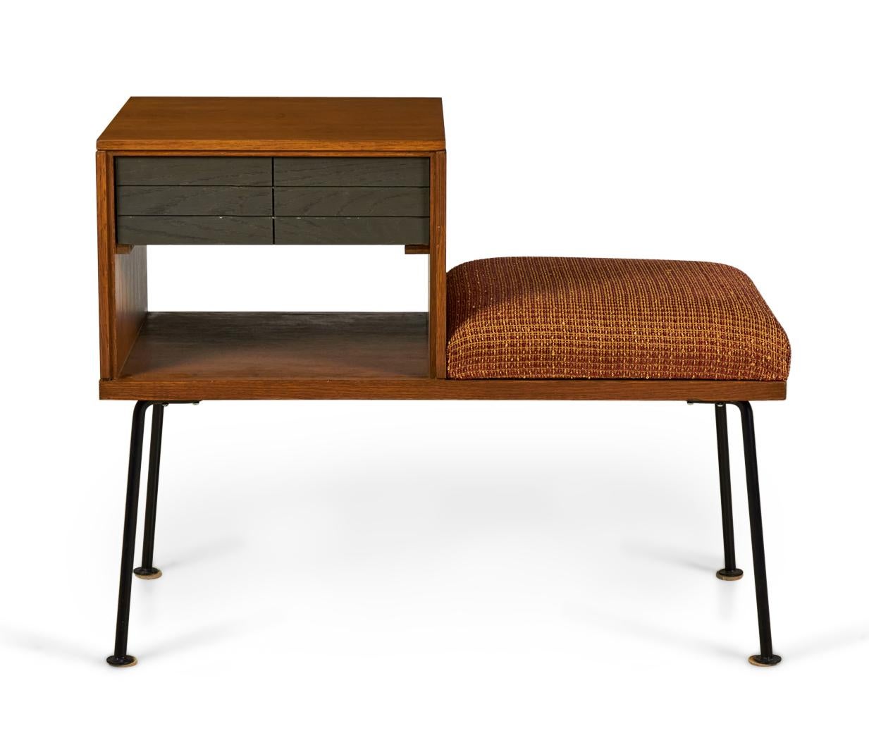 Raymond Loewy for Mengel Walnut, Iron and Orange Upholstery Telephone Bench In Good Condition For Sale In New York, NY