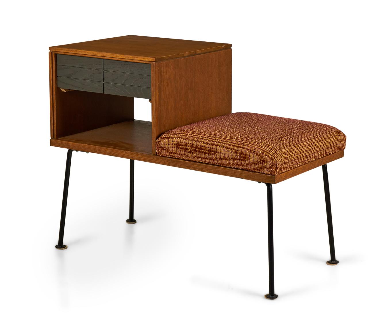 20th Century Raymond Loewy for Mengel Walnut, Iron and Orange Upholstery Telephone Bench For Sale