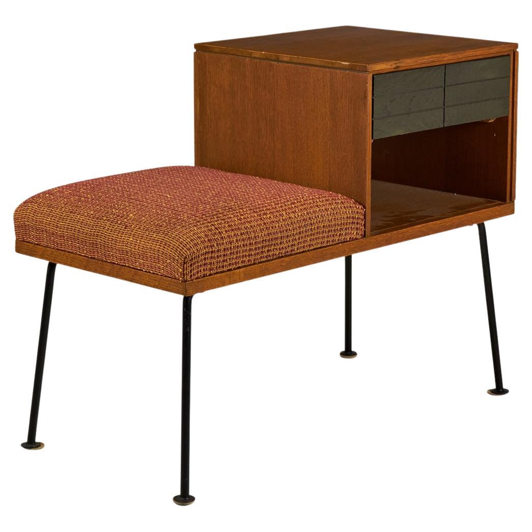 Raymond Loewy for Mengel Walnut, Iron and Orange Upholstery Telephone Bench For Sale
