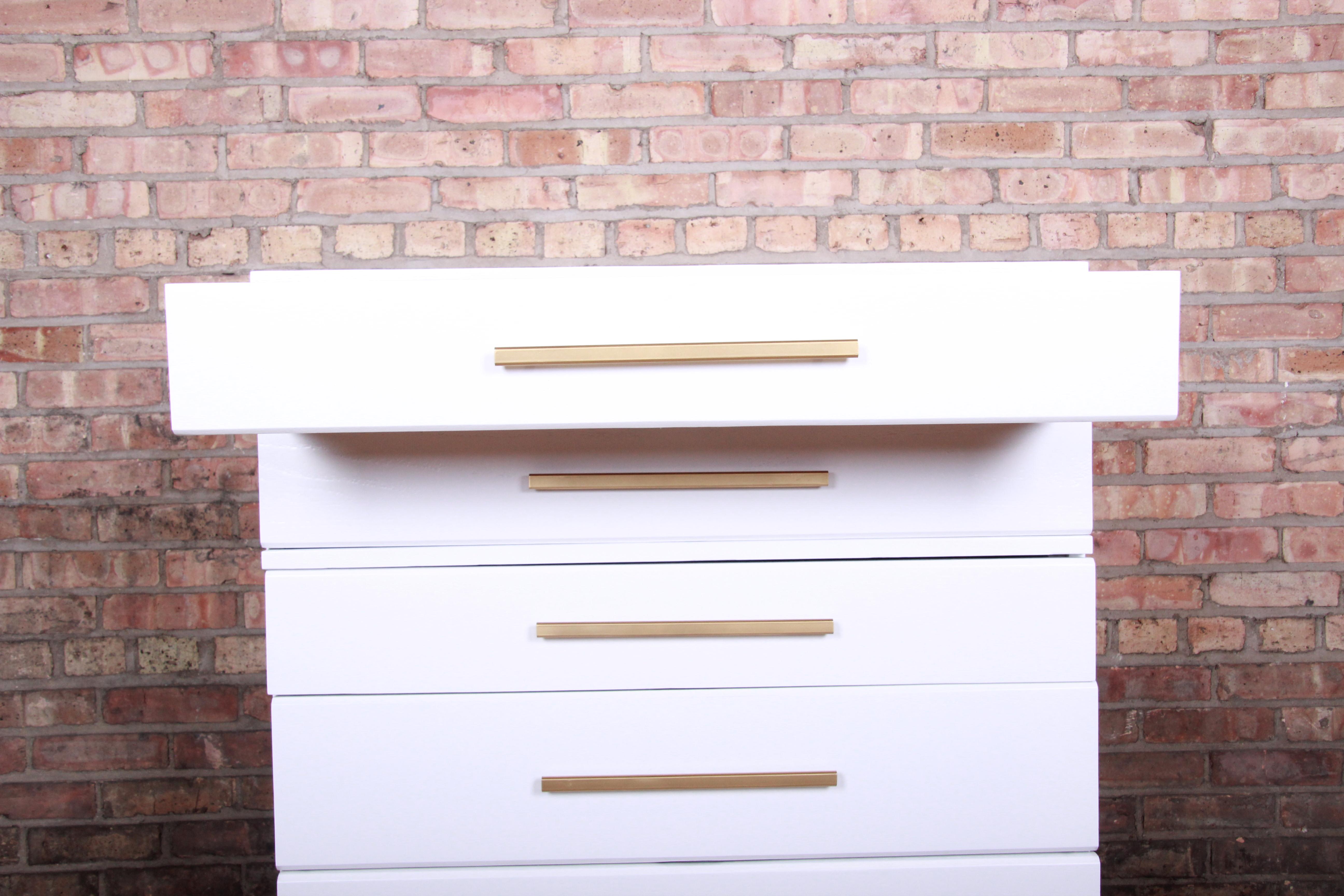 Mid-20th Century Raymond Loewy for Mengel White Lacquered Highboy Dresser, Newly Refinished