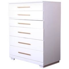 Retro Raymond Loewy for Mengel White Lacquered Highboy Dresser, Newly Refinished